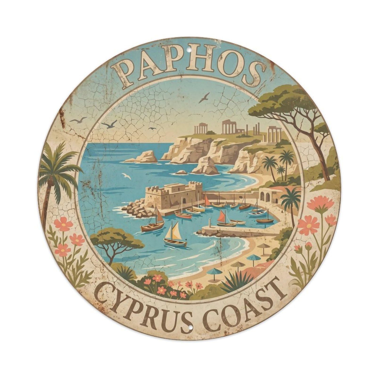 Vintage Travel Paphos Coastal Cyprus Metal Tin Sign Plaque Wall Decor for Cafe, Club Bar, Office, Home Garden Round Metal Poster 8x8Inch