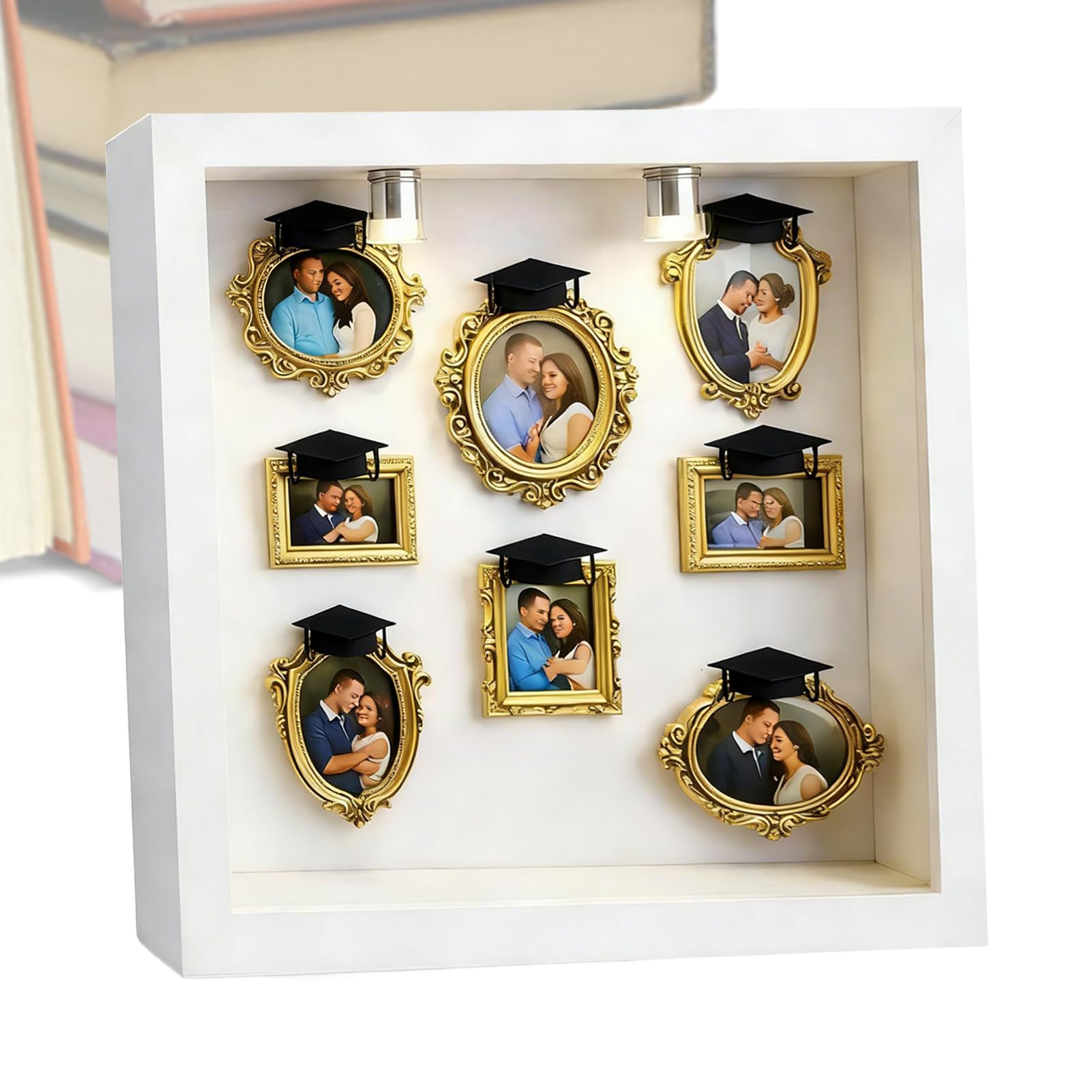 Vitrina de recuerdos dorada y transparente con caja de sombra rectangular para fotos