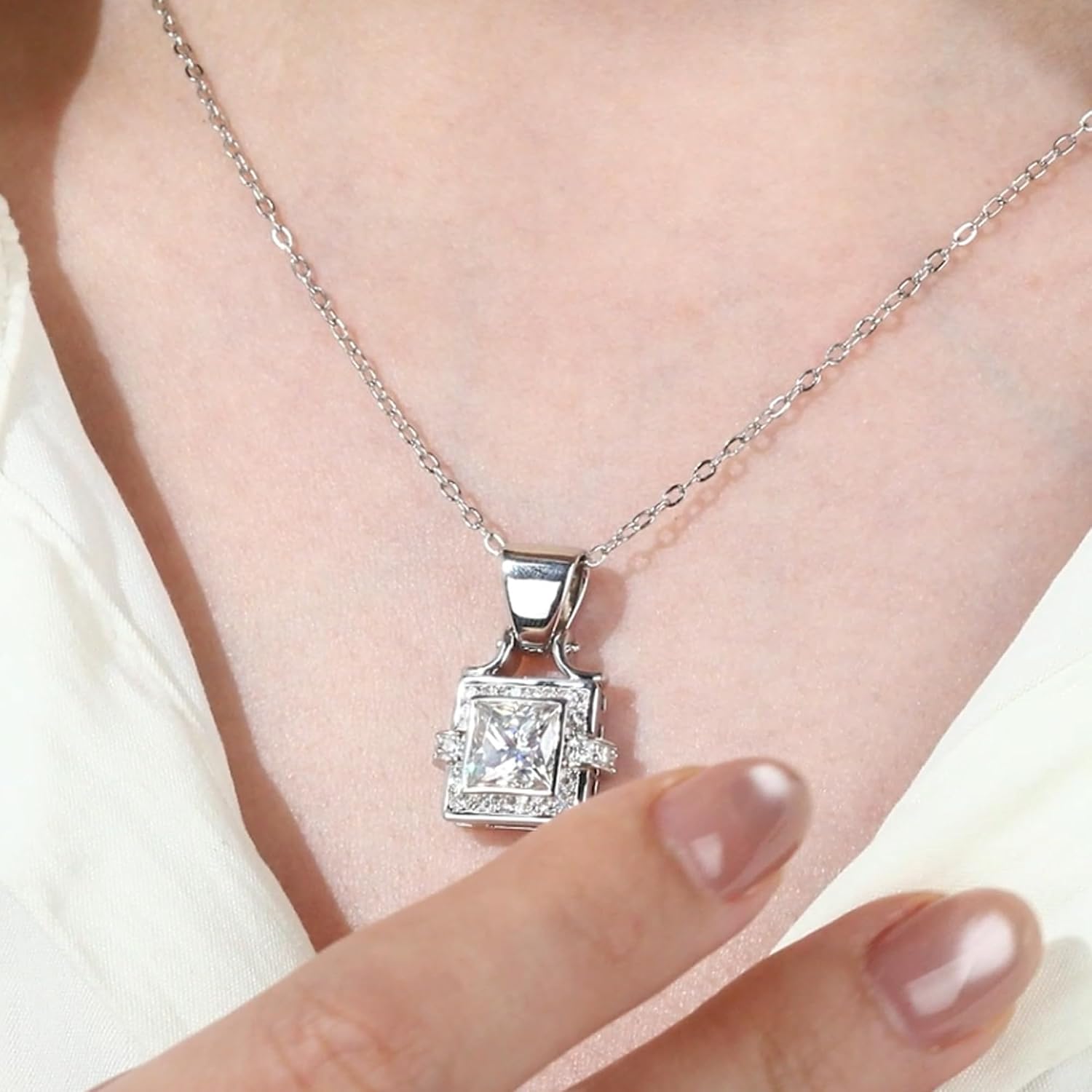 DovEggs Princess Cut Moissanite Halo Pendant Necklace for Women image 4