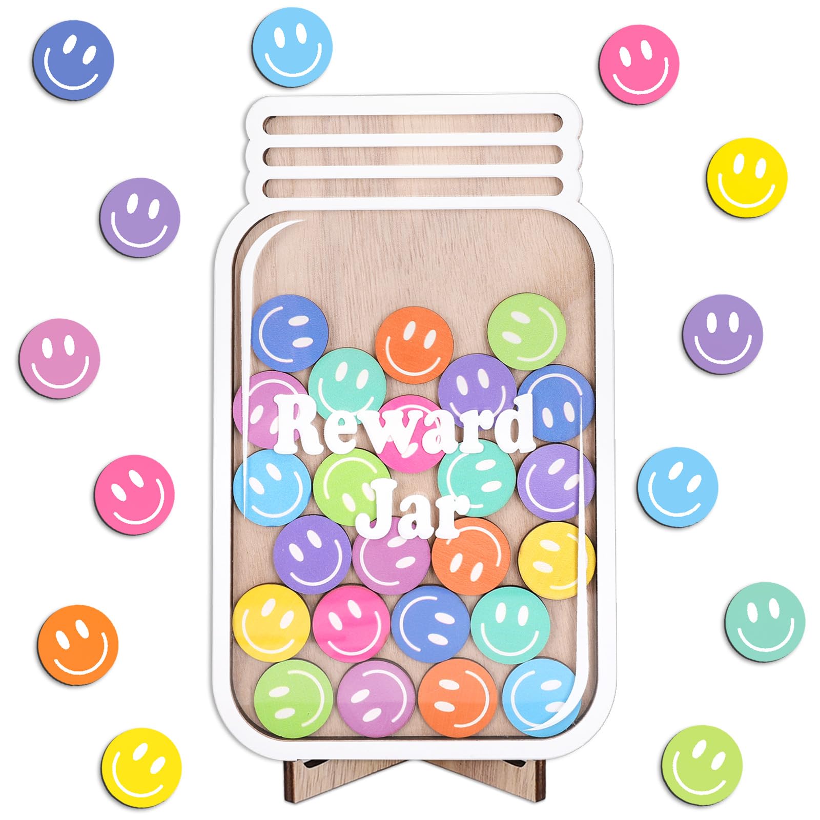 JarThenaAMCS 39 Pcs Smile Face Wooden Reward Jar Colored Happy Face Wood Cutouts with Magnetic Sticker Back to School Positive Incentive Behavior