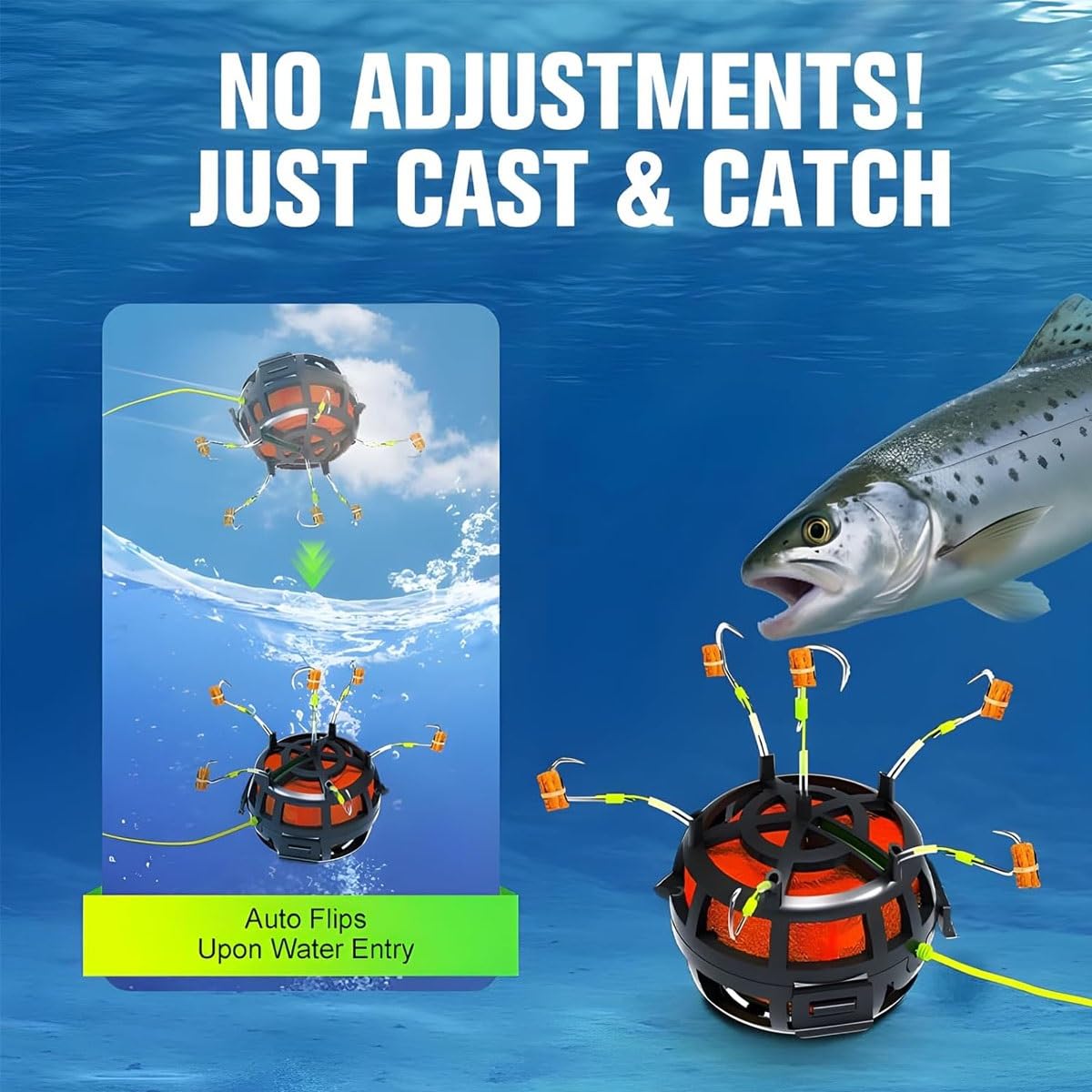 Reverse Bottom Bait Cage Fishing Hook, 360° Floating Bait Cage Fishing Hook, 6-Hooks Carp Feeder Rig, Spring Baits Cages Trap Fishings Hooks, Freshwater Saltwater for Carp, Catfish, Tilapia(3PCS,No. 8