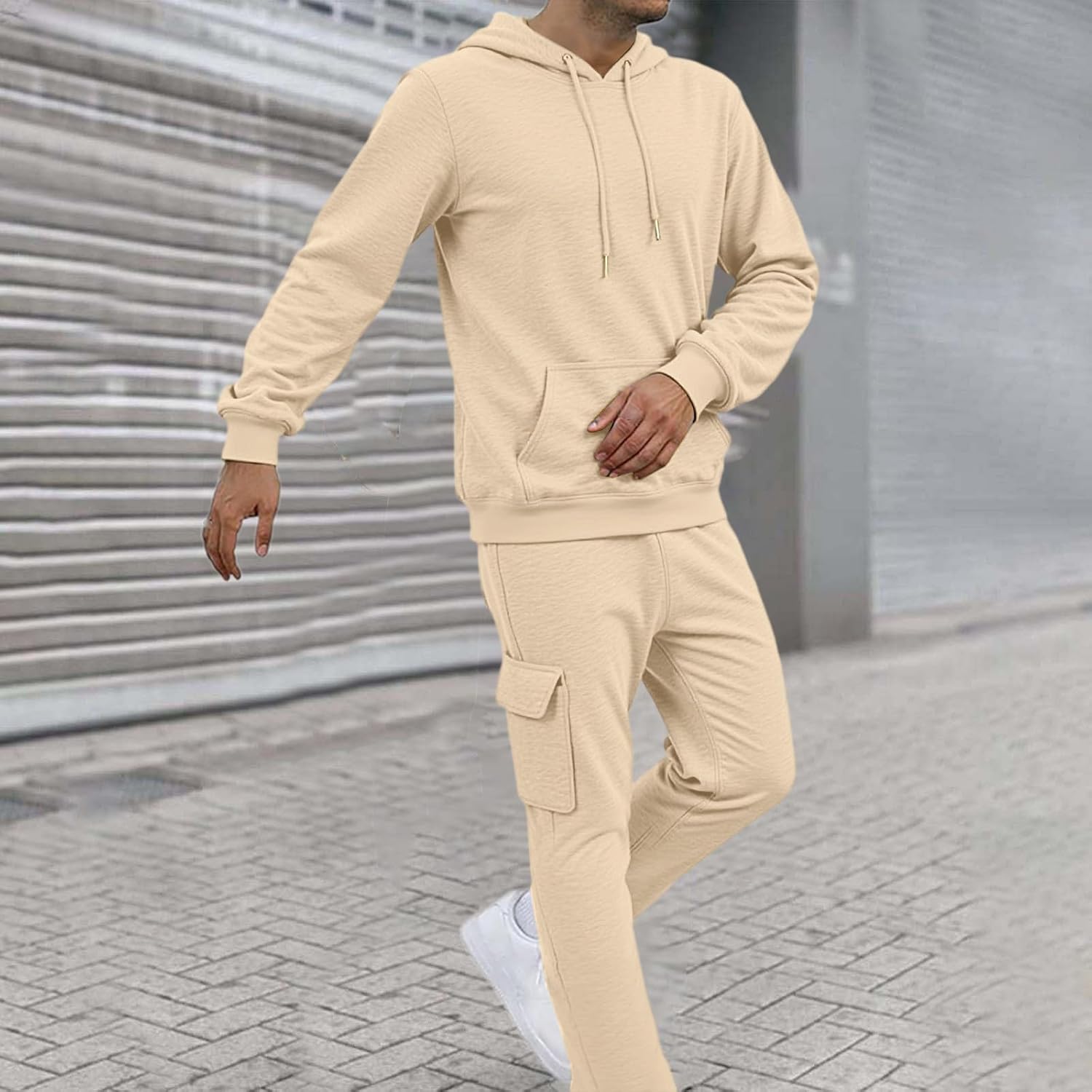 Men's Classic Two Piece Set Fleece Zip Hoodie Jacket Elastic Waist Sweatsuits Cargo Pants Outdoor Sweatpants