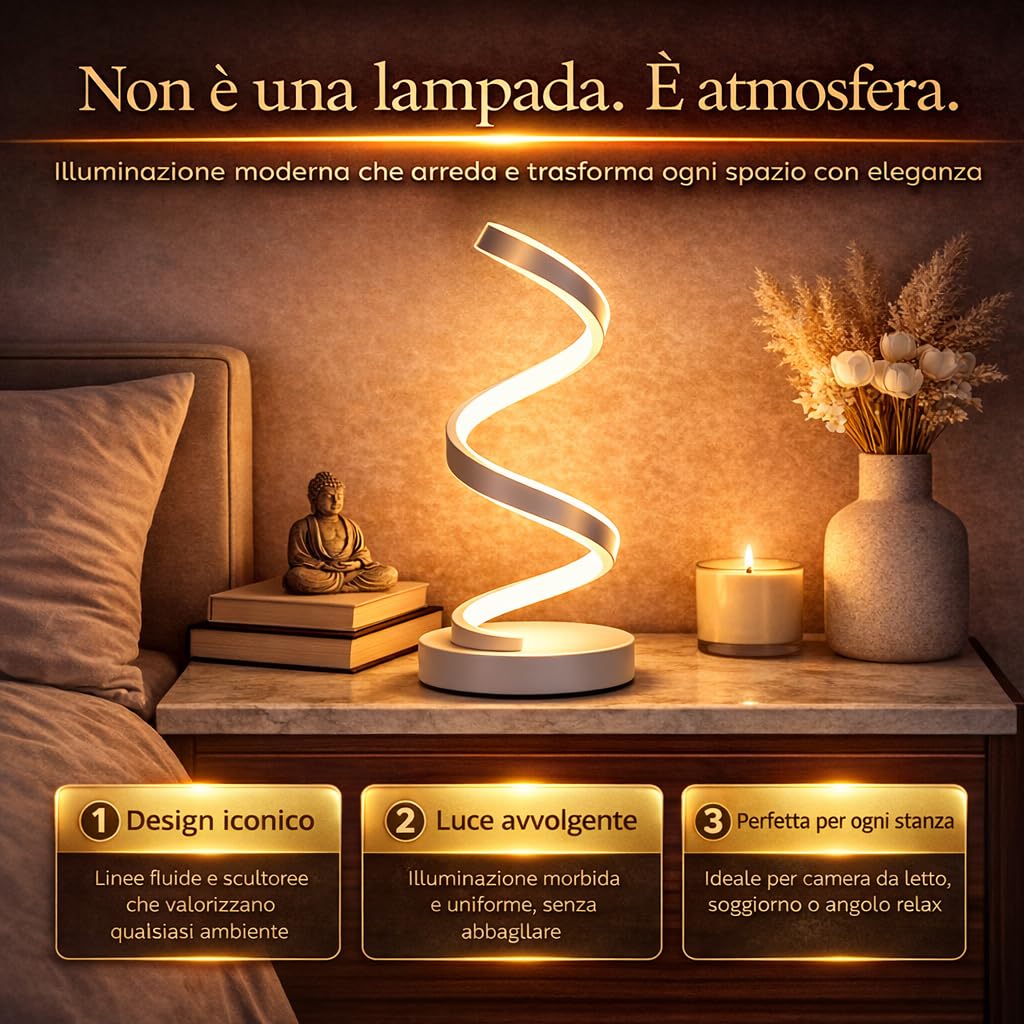 Arcadia Lampada da Comodino LED - Luce Notturna Dimmerabile Bianco Freddo, Naturale e Caldo - Design a Spirale Moderno 3200 Lumen - Abat-jour per Camera da Letto, Scrivania e Salotto (2 x Argento)
