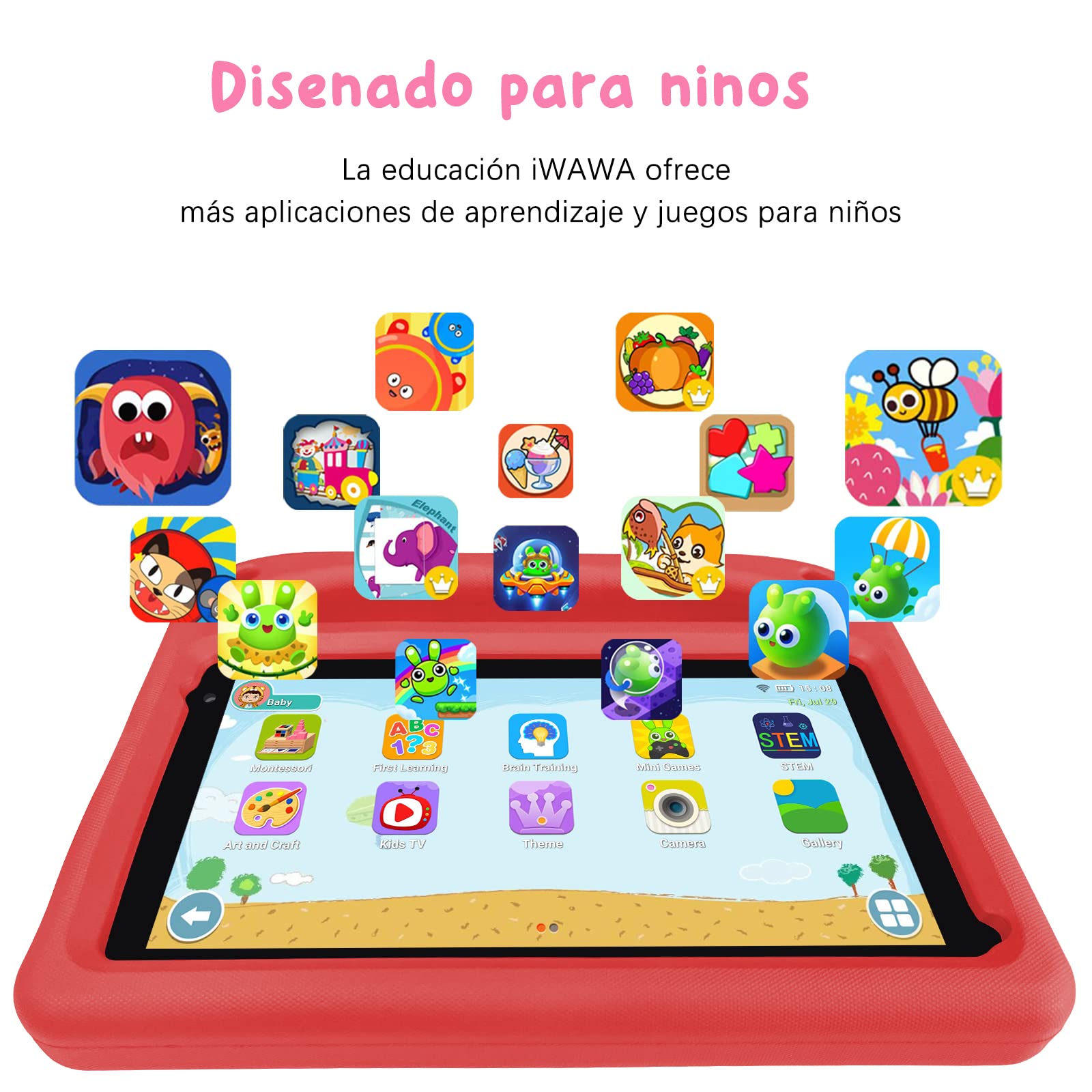 GOODTEL Tablet para Niños 7 Pulgadas Android Tableta con 32GB ROM (TF 1TB), WiFi, Bluetooth, GPS, GMS Certified, Pantalla IPS HD, Doble Cámara, Control Parental, Tablet Infantil con Funda EVA (Rojo)