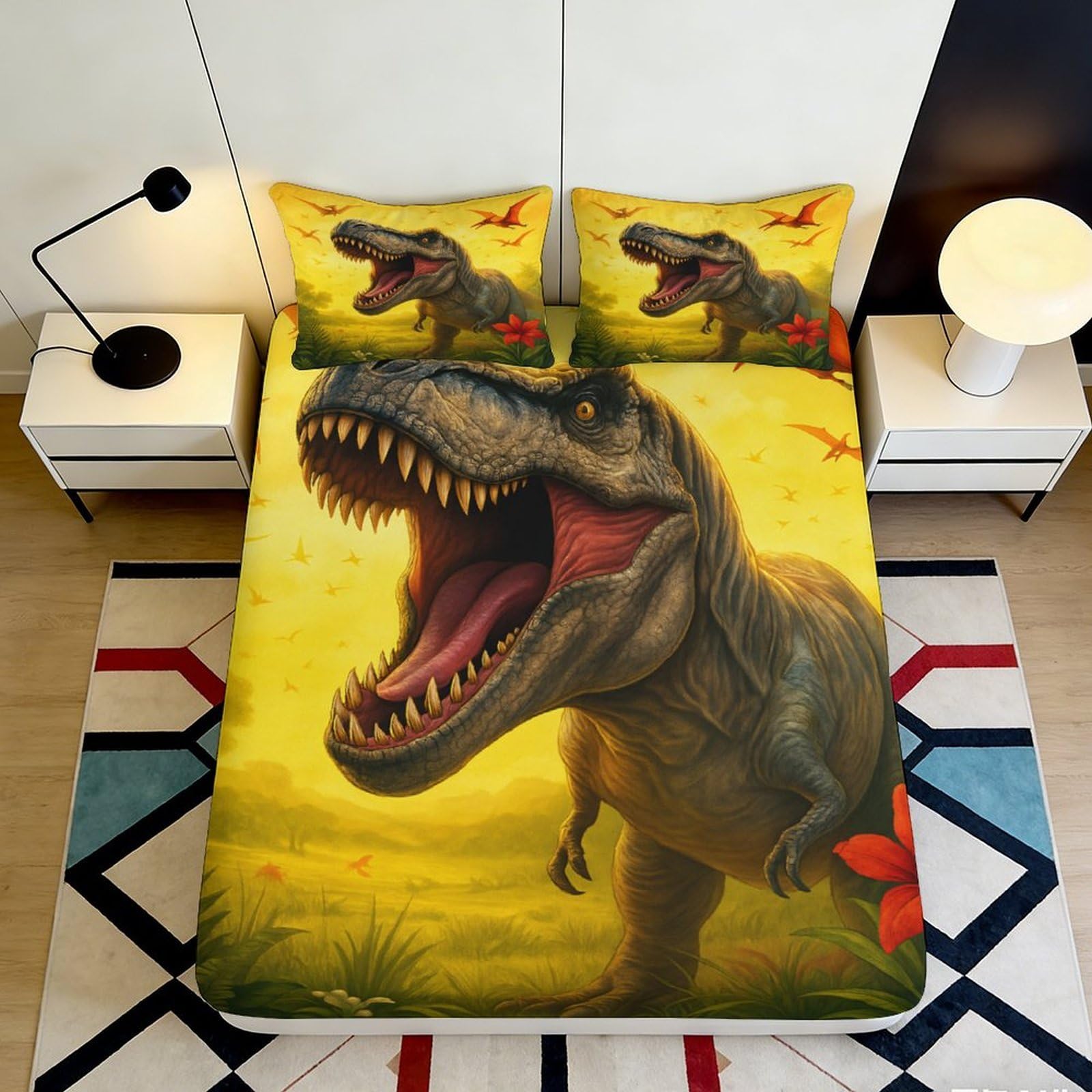 3D Printed Dinosaur Jungle Fitted Sheet Microfiber Soft Breathable T-Rex Bed Cover for Bedroom Guest Room Decor 90x200x25cm