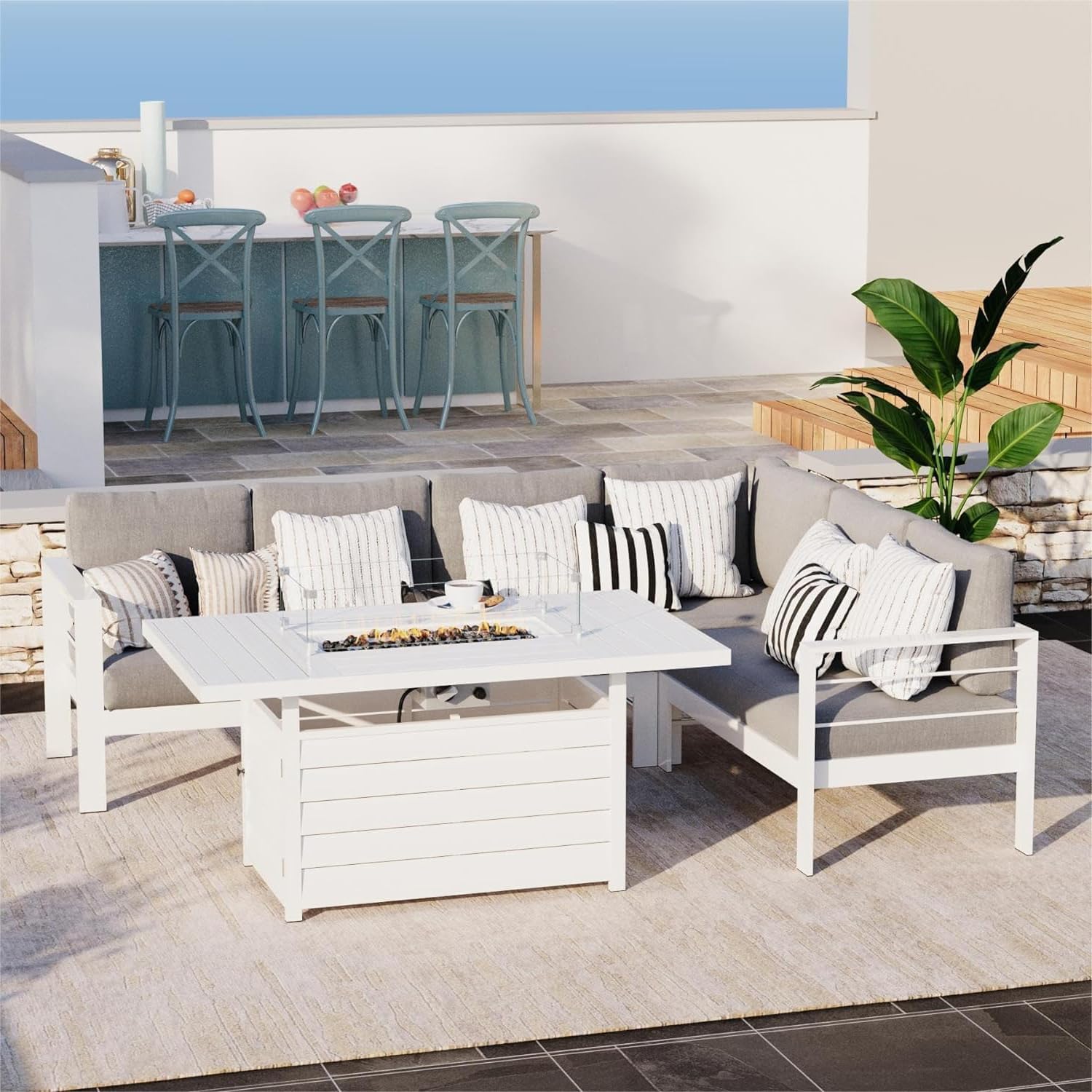 Solaste Aluminum Patio Furniture Set with Fire Pit Table, 6 Piece Sectional Metal Outdoor Furniture with Ottoman, Modern Patio Conversation Set Water-Resistant Cushion for Balcony, Front Porch, White