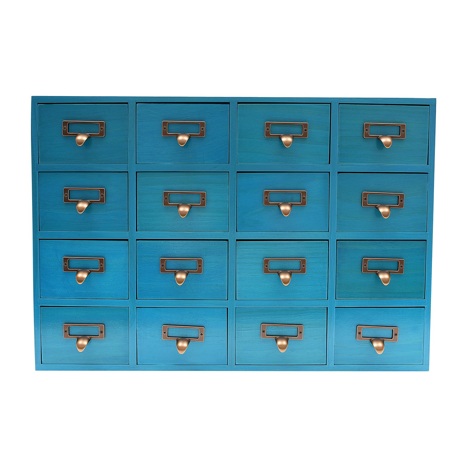 Cajonera de madera | Minicómoda | Organizador de 16 cajones de madera y metal | Armario azul rústico | 50 x 35 cm | hasta 1 kg/cajón | para oficina, cocina y joyas