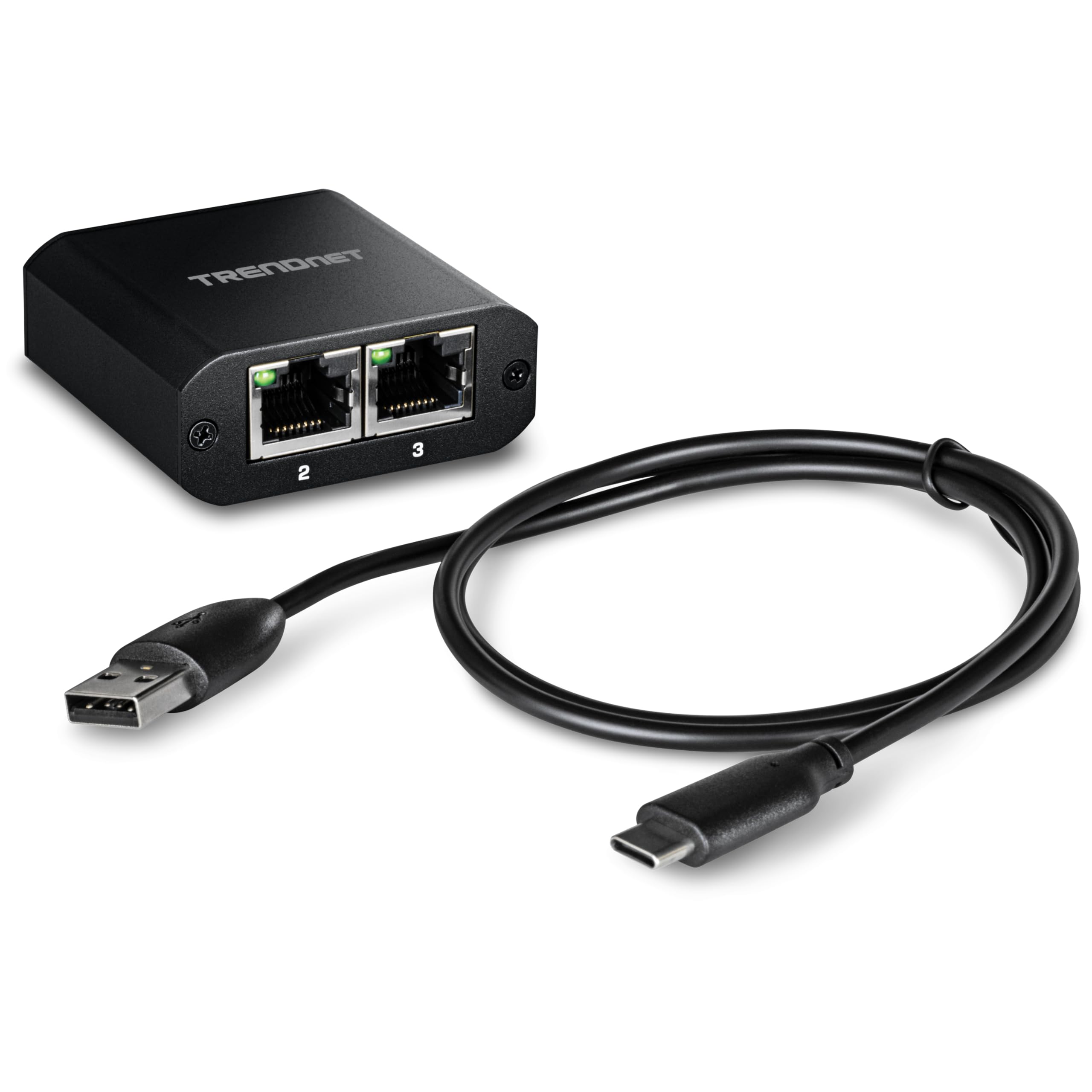 TRENDnet 2-portowy rozdzielacz gigabitowy z zasilaniem USB typu C, TEG-102S, dzieli jedno połączenie sieciowe na dwa, rozdzielacz Ethernet, kabel zasilający USB typu C w zestawie, zgodny z NDAA i TAA