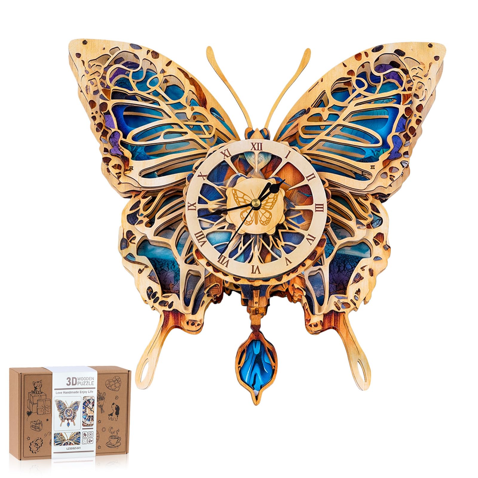 WEBYEARO 3D Wooden Puzzles for Adults, Butterfly Design Clock Kit with Pendulum, Beginner 3D Wooden Puzzles Model Kit DIY Crafts for Office Wall Decor Hobbies Birthday Christmas Idea Gift