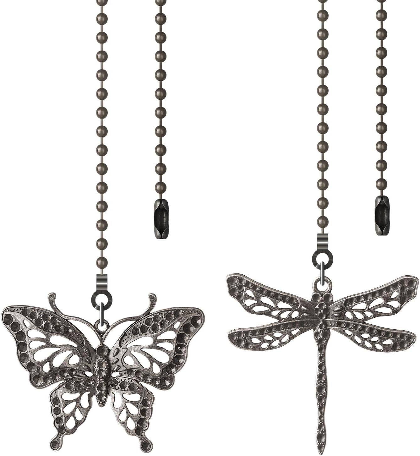 Ceiling Fan Pull Chain, 2 Pack Black Dragonfly Fan Pull Chain Extension, 12 Inches Decorative Chain Pulls Pendant for Ceiling Light Fan Lamp, Beads Ball Chain Extender with Connector