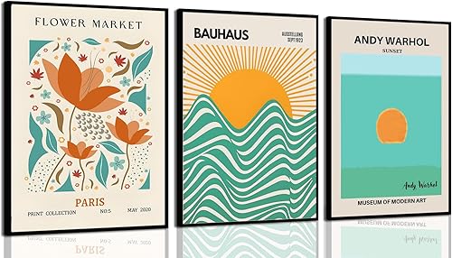 Bauhaus - 3 piezas de arte de pared moderno de mediados de siglo, diseño de flores retro, impresiones de lienzo verde y naranja, bohemio,