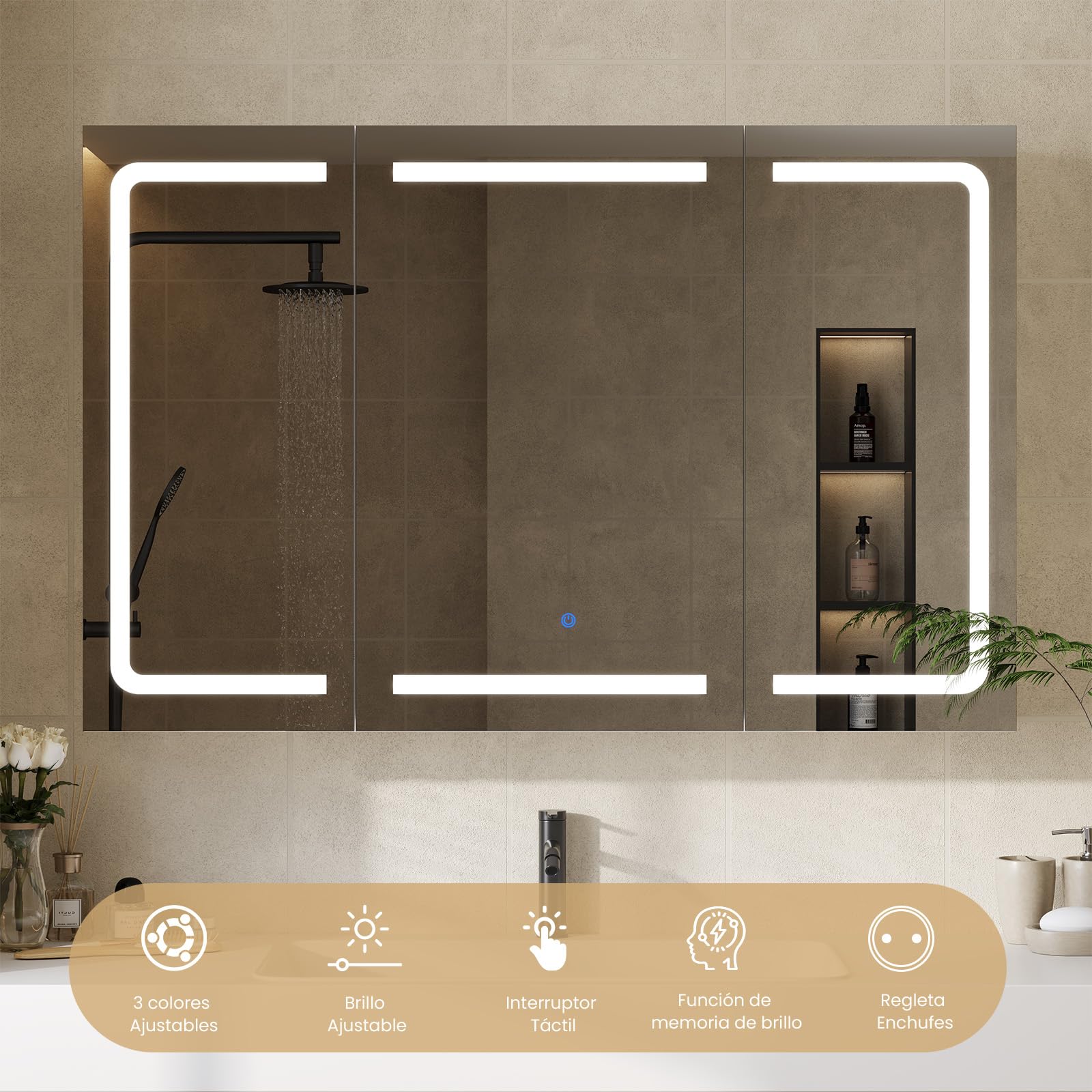 DICTAC Armario con Espejo,iluminación LED y Enchufe Armario Baño de Pared con 3 Puertas Espejo,Mueble Baño de Pared con Espejo y Estantes Ajustable,Mucho Espacio de Almacenamiento,90x60x16cm, Blanco