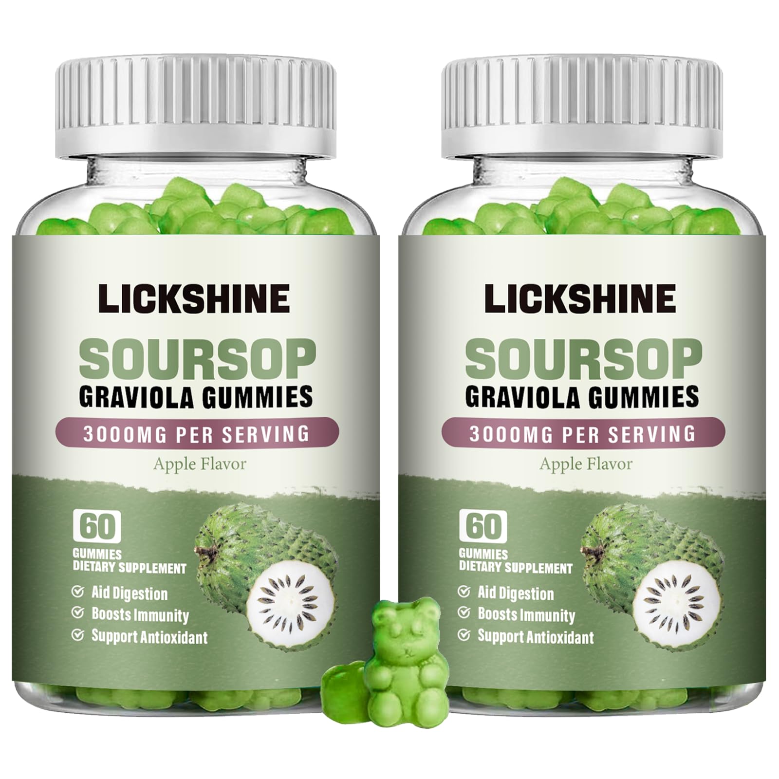 lickshine 2 Pack Soursop Graviola Gummies - 3000mg Extra Strength Soursop Leaves Supplement with Vitamin C, Zinc - Digestive Aid, Immune Support & Antioxidant - Sugar-Free, Non-GMO, Vegan, 120 Counts 60 Count (Pack of 1) 2 Packs