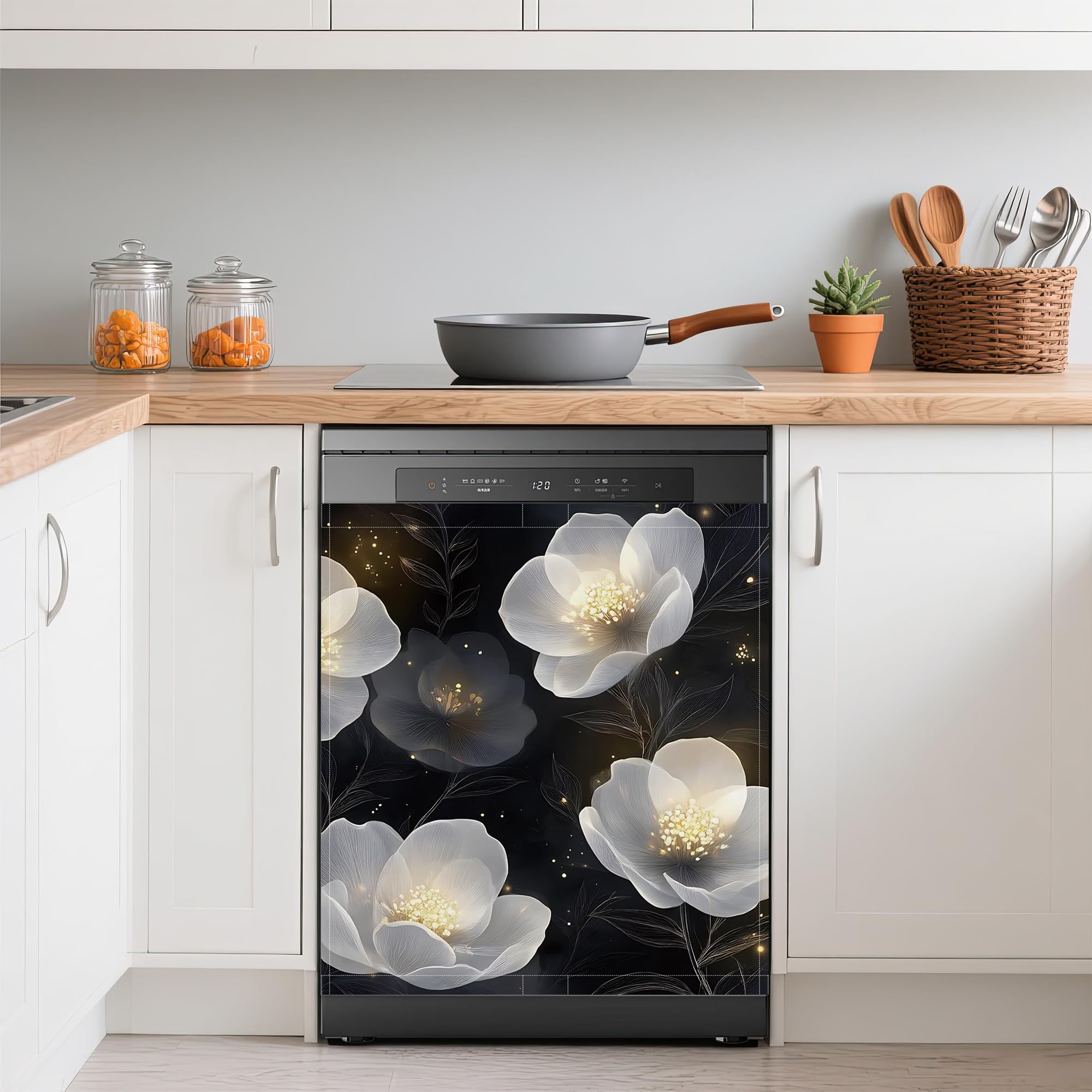 Dishwasher Cover,White Flowers Reusable Dishwasher Magnet Cover,Decorative Modern Art Magnetic Refrigerator Cover Front Panel Cover for Kitchen Decor 23x26 Inch