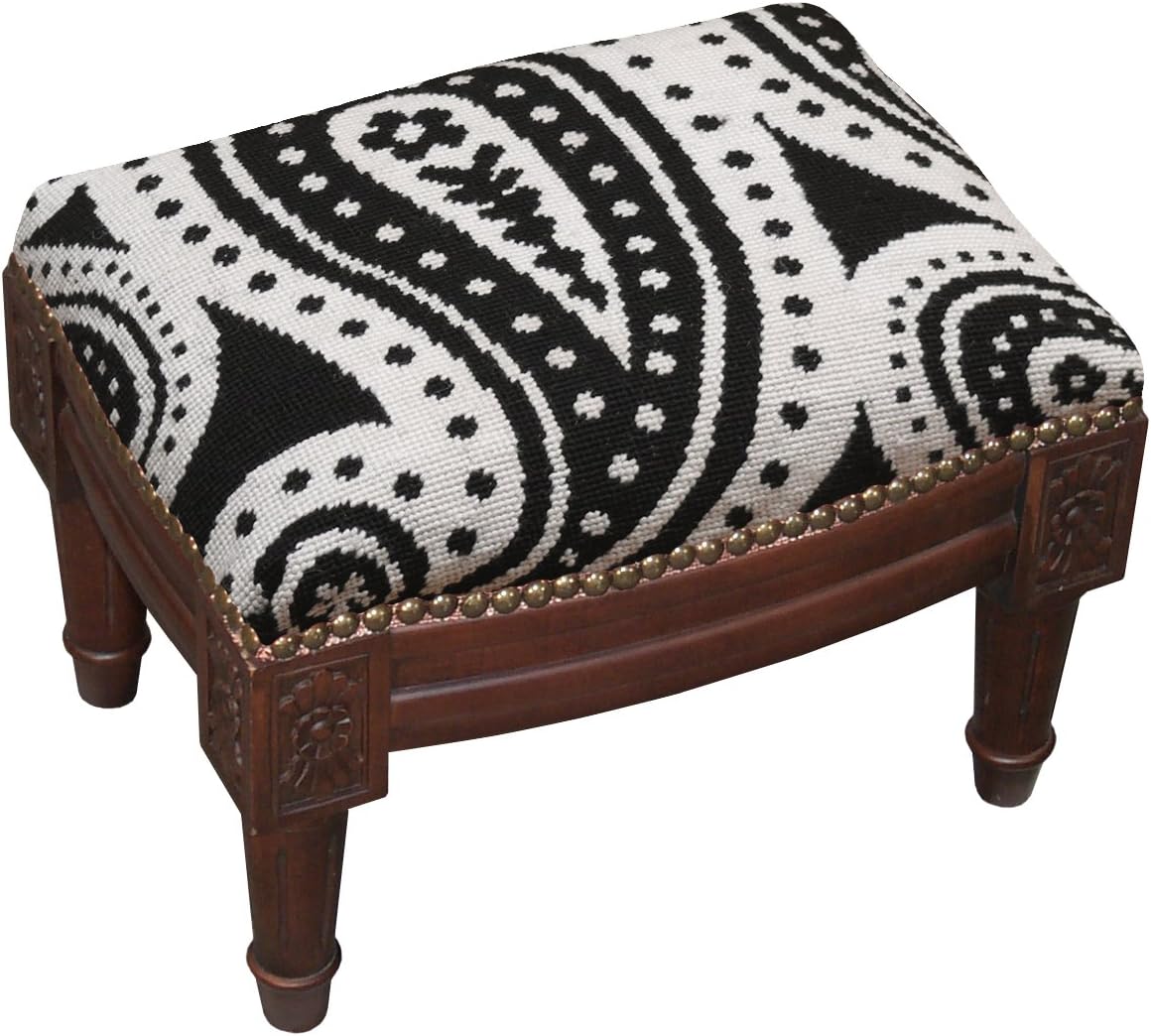 SketchONE Wool Needlepoint Upholstered Footrest, Paisley, Black
