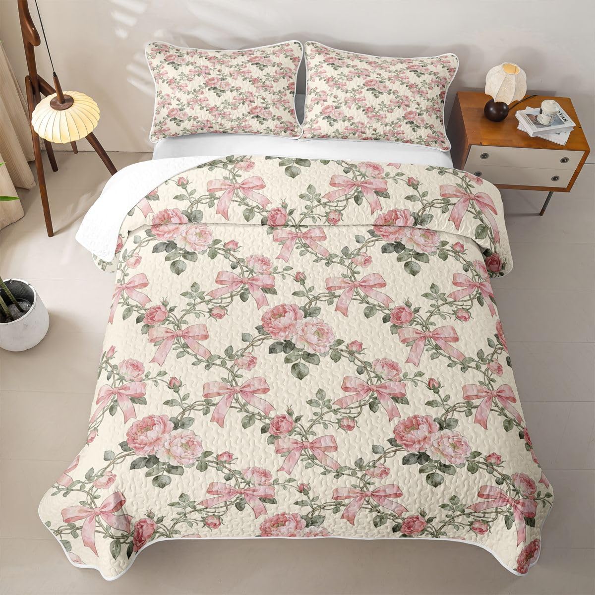 jejeloiu Floral Rose Bow Quilt Sets King Size Pretty Girly Bowknot Kids Boys Girls Quilts with 2 Pillowcases Soft Princess Style Bedspread Coverlet Set Lightweight Bedding