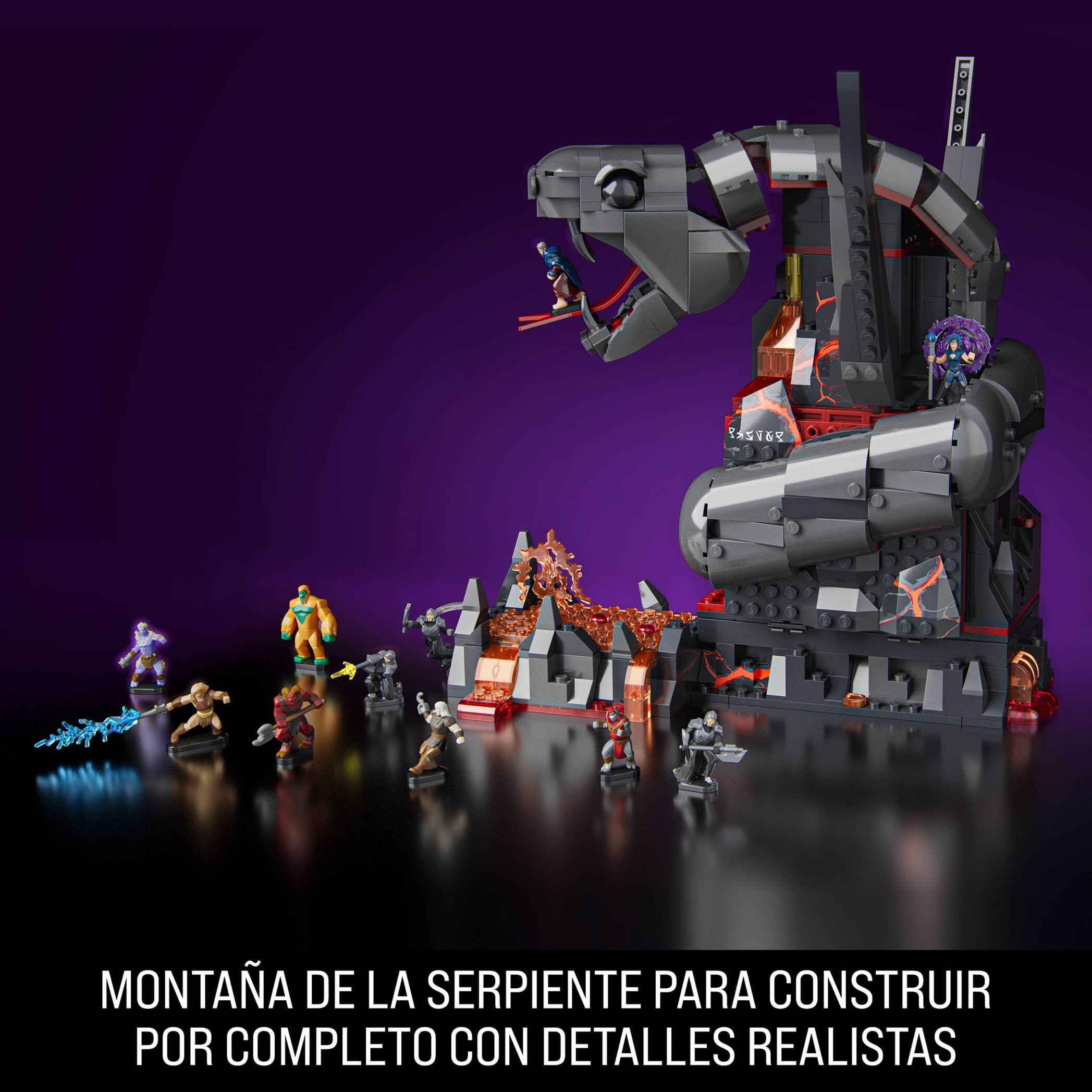 Mattel Brick Shop Masters del Universo Choque en Snake Mountain | Juego de construcción, 636 piezas y 12 figuras, Skeletor y He-Man, regalo para coleccionistas adultos y mayores de 13 años