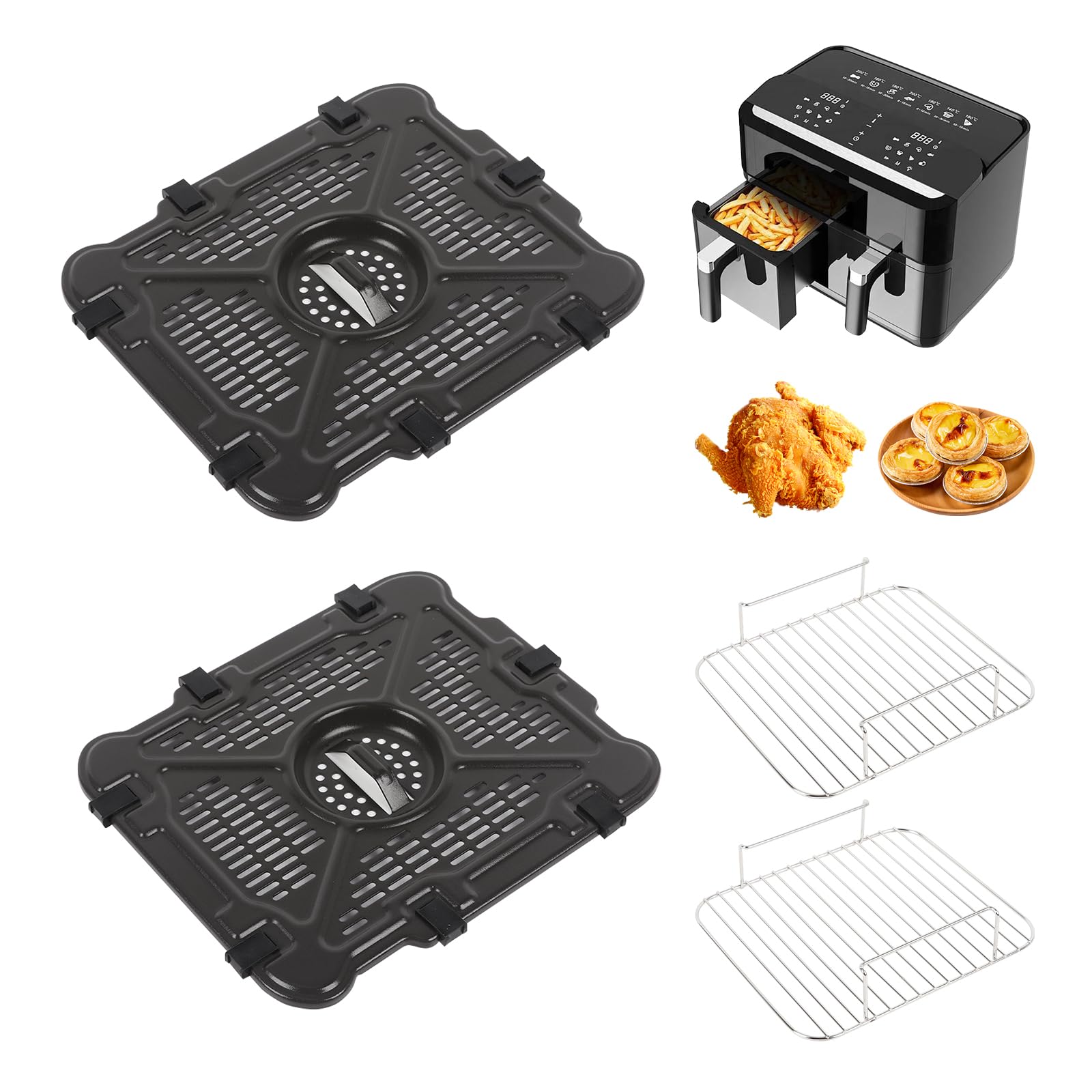 2 Stück Air Fryer Grill Pfanne für Ninja SL401 Dual Stack XL 2,Ersatz Airfryer Crisper Plate Grill Tray Zubehör,Air Fryer Replacement Parts Grillplatte Tray mit Gummipuffer und Halterung