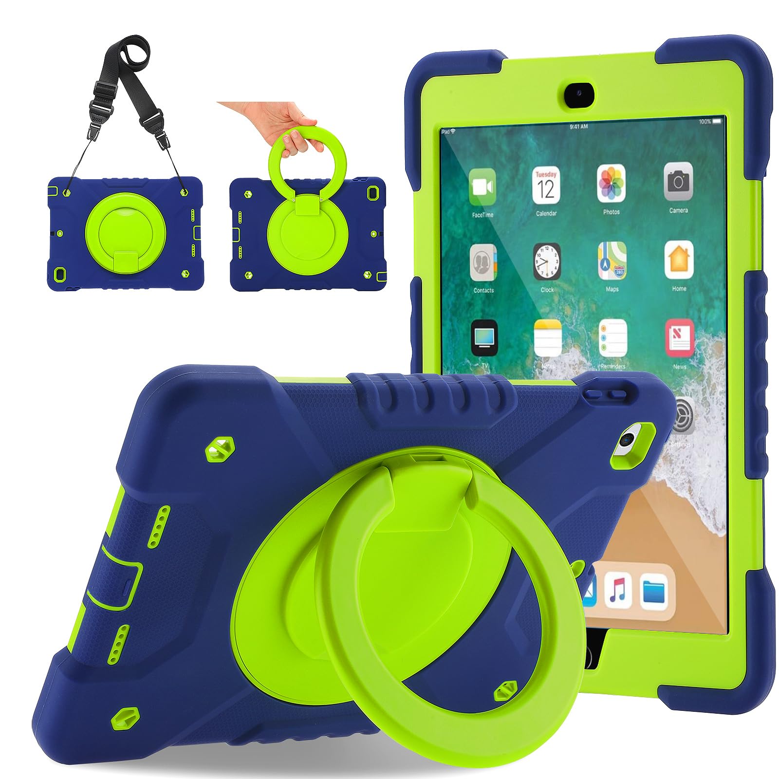 Andnary Case for iPad 6th/5th Generation 9.7 inch 2018/2017 Case, iPad Air 2/Pro 9.7 inch Heavy Duty Protective Cover with Pencil Holder, Shoulder Strap, 360 Rotate Handle Stand, Navy+Green