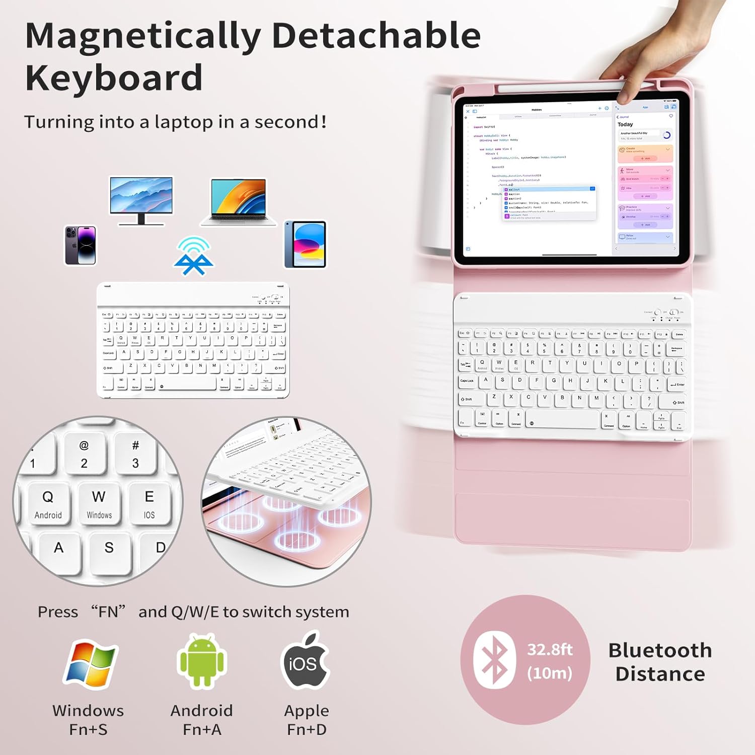 kenke Keyboard Case for iPad 11 Inch A16 2025/10th Generation 10.9 Inch 2022 with Pencil Holder, Stand Folio Detachable Wireless Bluetooth Rechargeable Magnetic Keyboard, Auto Sleep/Wake, Light Pink