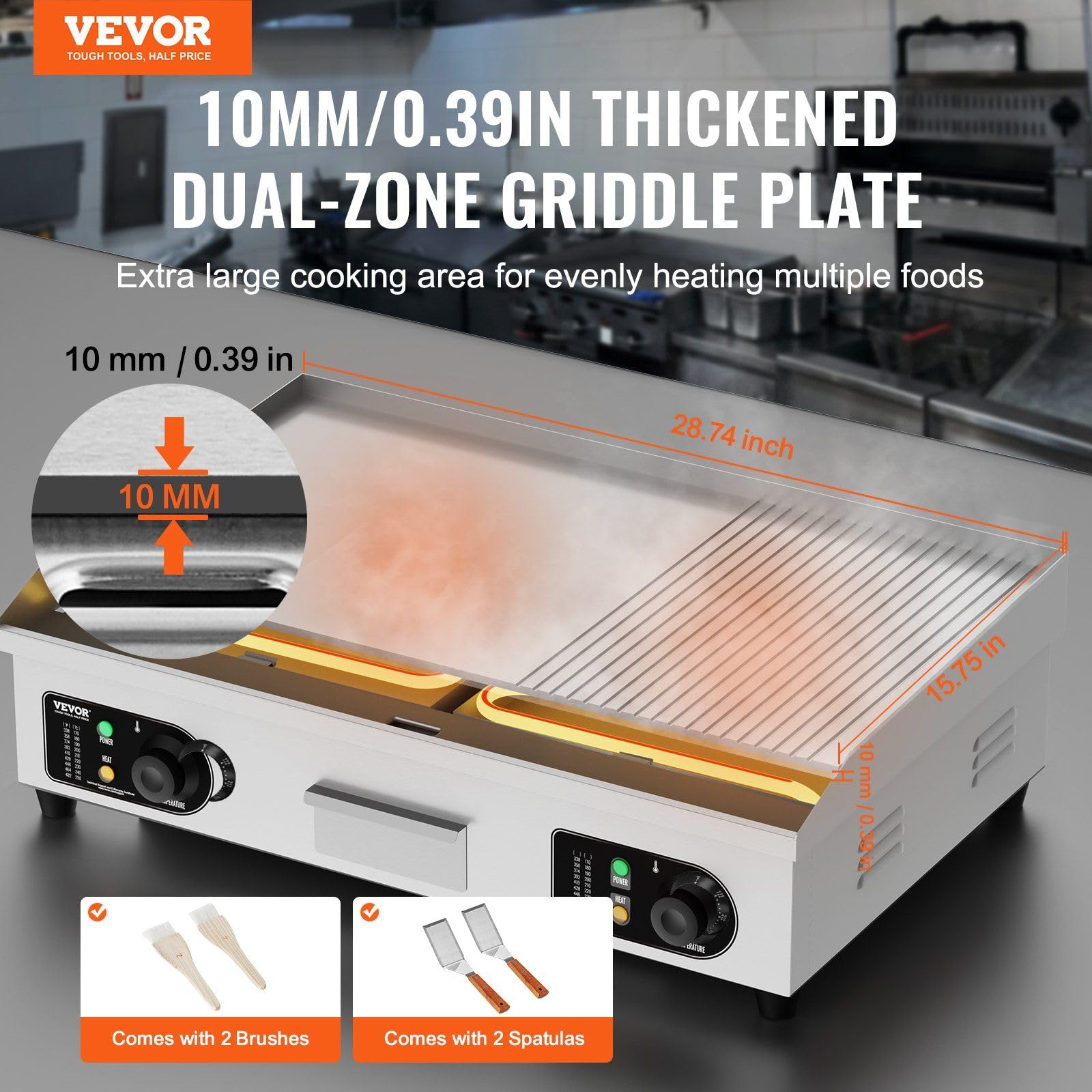 Commercial Electric Griddle, 2800W Countertop Half-Flat Top Grill, 122?F-572?F Adjustable Temp, 28.74x15.75x0.39in Stainless Steel Griddle Grill with 2 Shovels and 2 Brushes