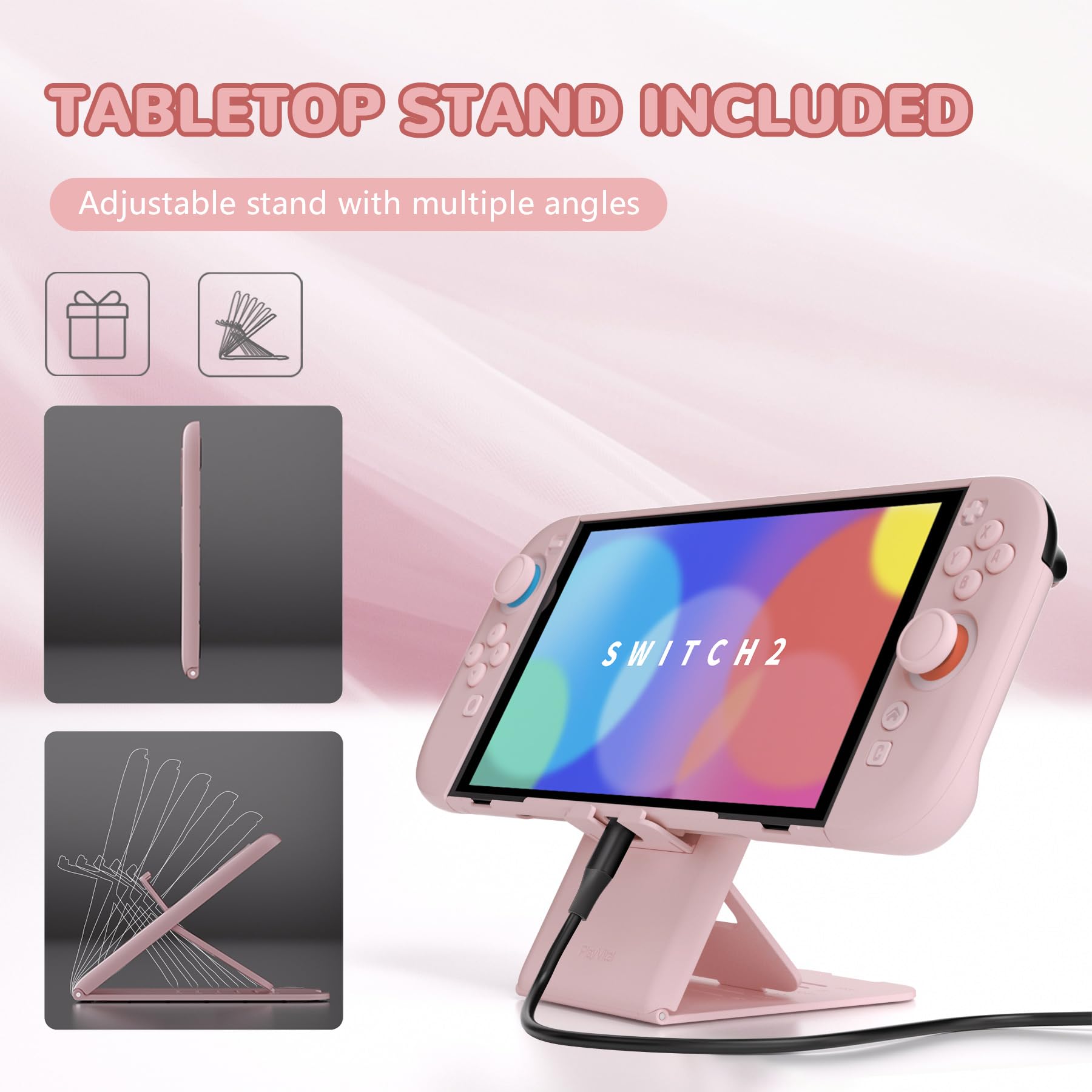 PlayVital Coque pour Switch 2 Console avec Support & Capuchon Joystick,Étui de Protection Rigide pour Nintendo Switch 2 Manette Grip Cover Dockable-Rose