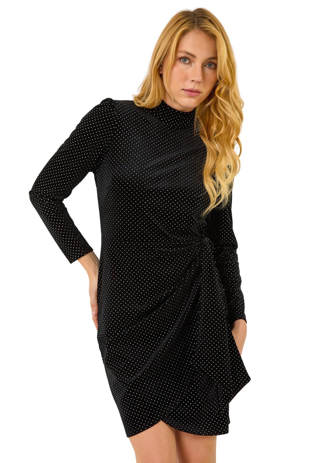 Roman Originals Women's Black Dusk Fashion Velvet High Neck Stud Bodycon Dress For Uk - Everyday Autumn Winter Comfy Soft Evening Vacation Work Party Night Out - Size 16