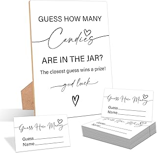 Minimalist Guess How Many Candies Are In The Jar Game, Pack of 1 Wooden Tabletop Sign with Stand and 50 Guessing Cards, Modern Baby Shower Game, Gender Reveal Party Decorations - WV09
