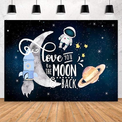 MEHOFOND Telón de fondo Love You to The Moon and Back, decoración de fiesta de baby shower, espacio exterior, cohete astronauta, pastel de