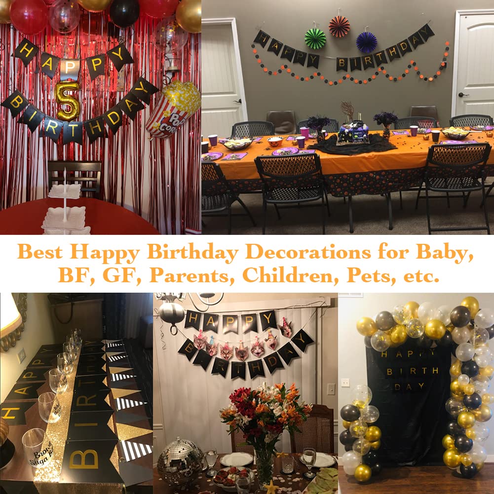 Large Happy Birthday Banner - Black & Gold Letters, 13 Cards With Ribbon, DIY Bunting For Party Decor - View #2