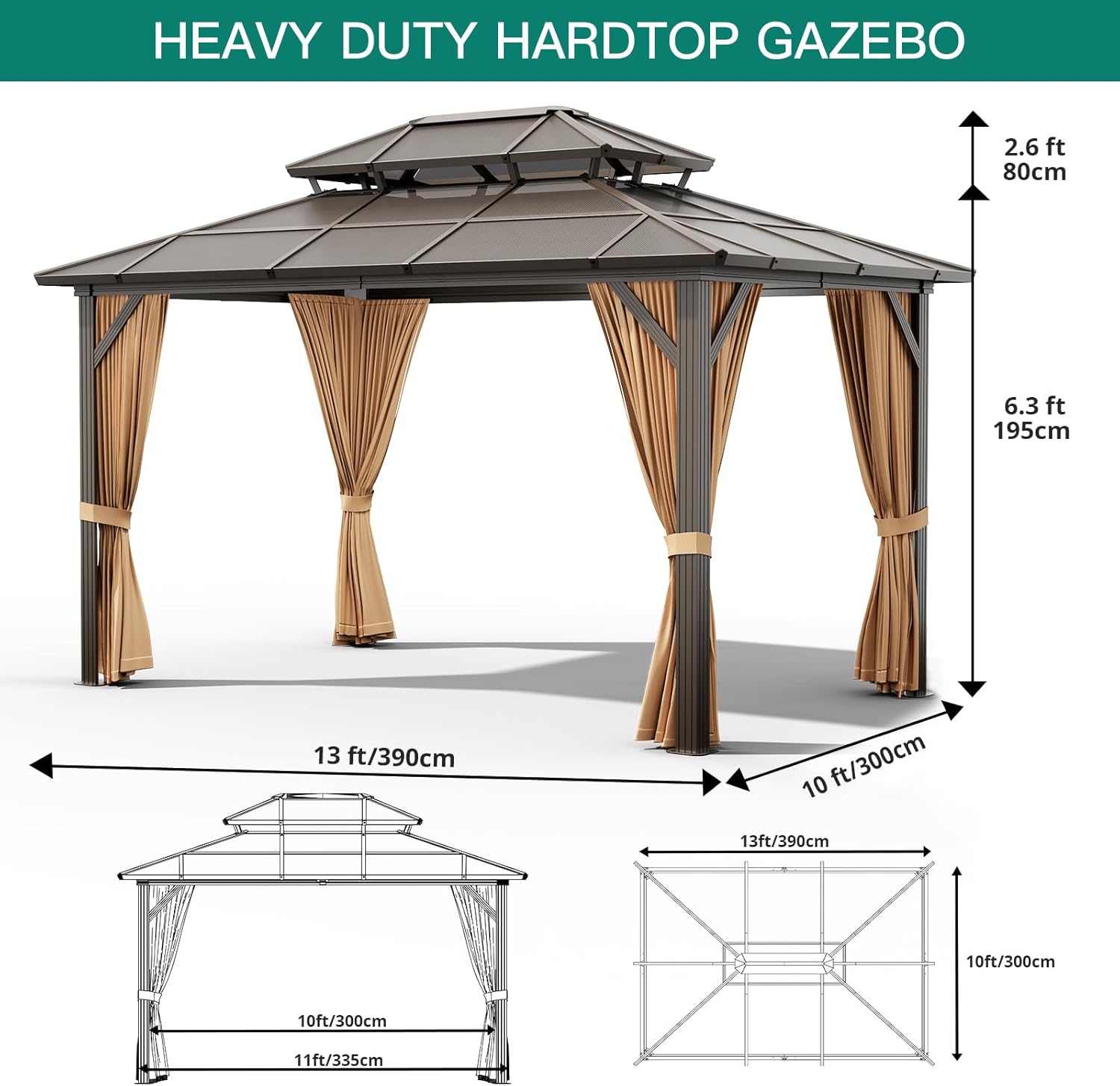 10'x13' Gazebo, Hardtop Outdoor Polycarbonate Double Roof Canopy, Aluminum Frame Permanent Pavilion with Curtains and Netting, Sunshade for Garden, Patio, Lawns (10x13ft)