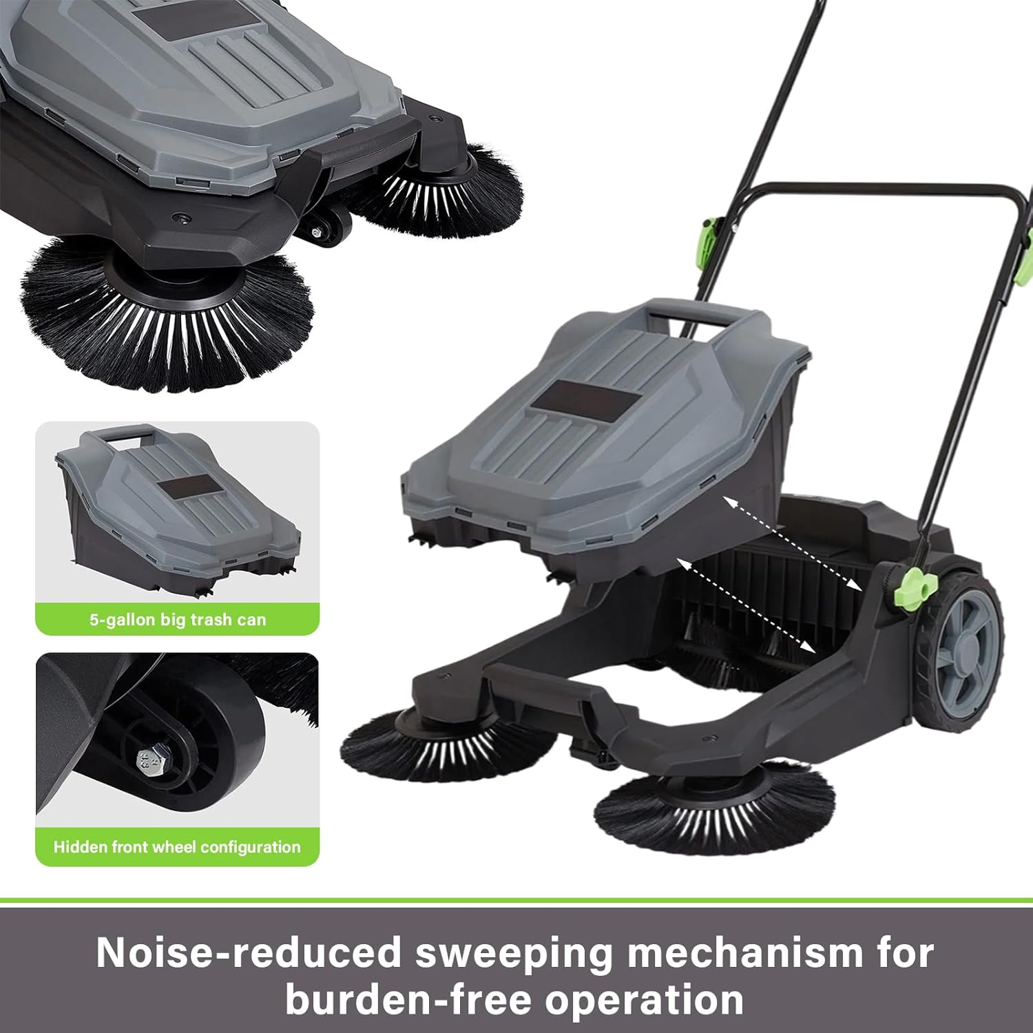 Walk-Behind Hand Push Floor Sweeper, 25.6" Sweeping Width Floor Sweeper Manual Non-Electric, 5-Gallon Waste Container, Angle & Height Adjustable Folding Handle for Walkway, Yard, Garage, Patio (25.6")