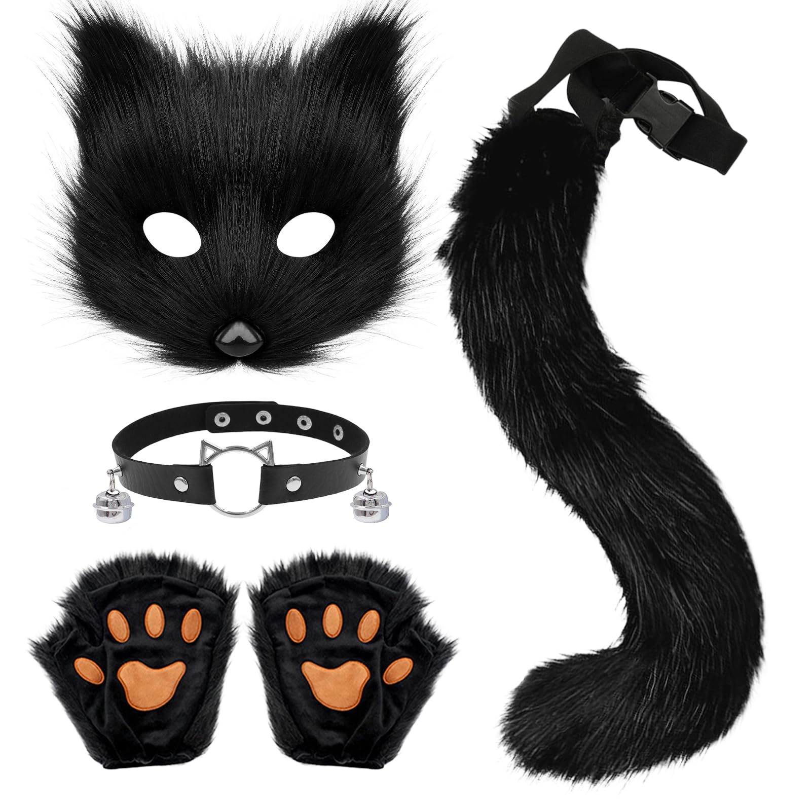 Xerteam Faux Fur Fox Costume, Fluffy Cat Wolf Cosplay Costume Set Plush Fox Tail Mask Bells Necklace Gloves, Suitable for Halloween Carnival Christmas Cosplay Parties (Black)