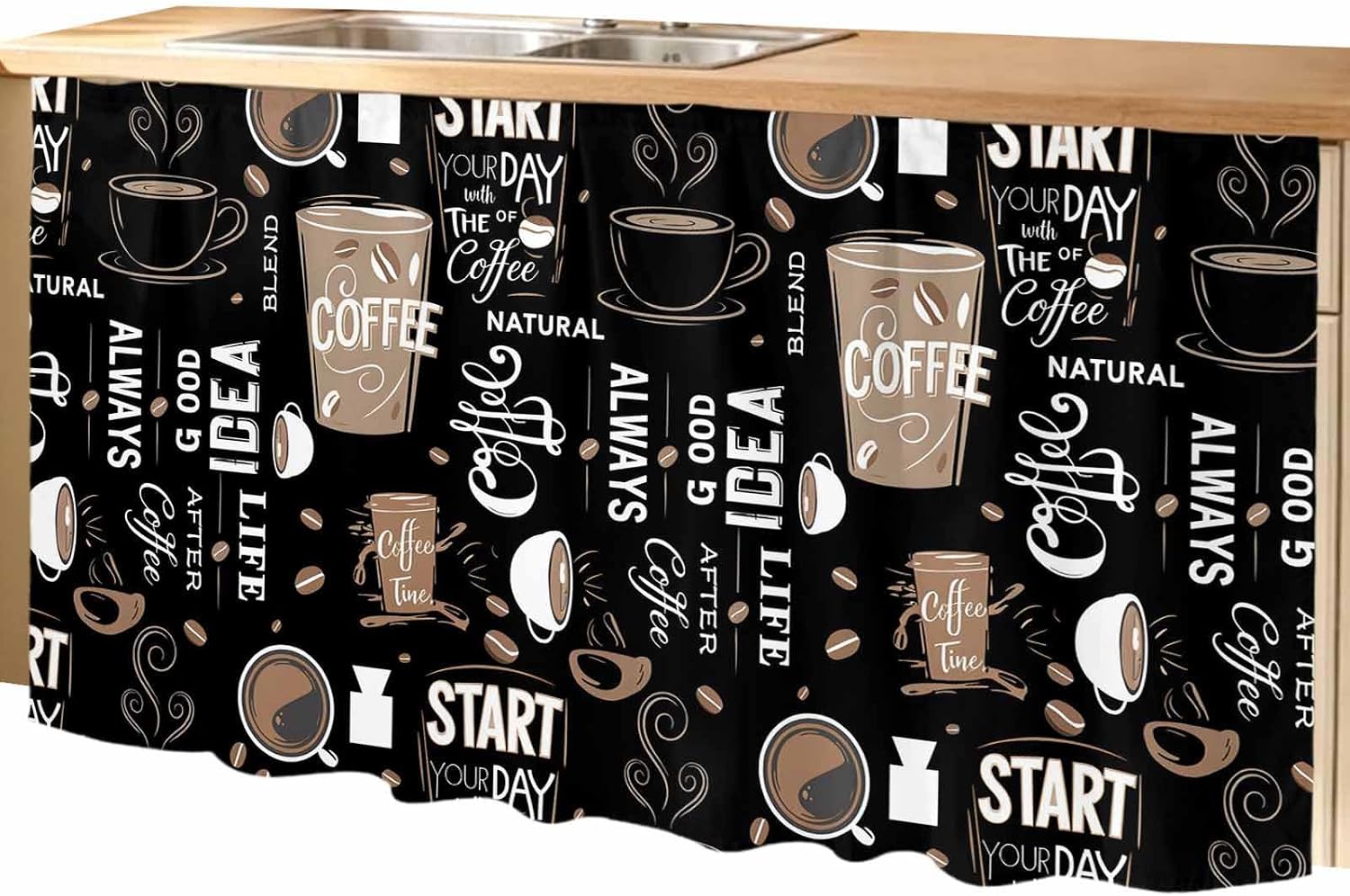 Cabinet Curtain for Kitchen 28x51in Cafe Coffee Cup Retro Brown Under Sink Skirt Privacy Self-Adhesive, Graffiti Letter Back Short Rod Pocket Drape Shelf Curtain for Bathroom Pantry Laundry Room