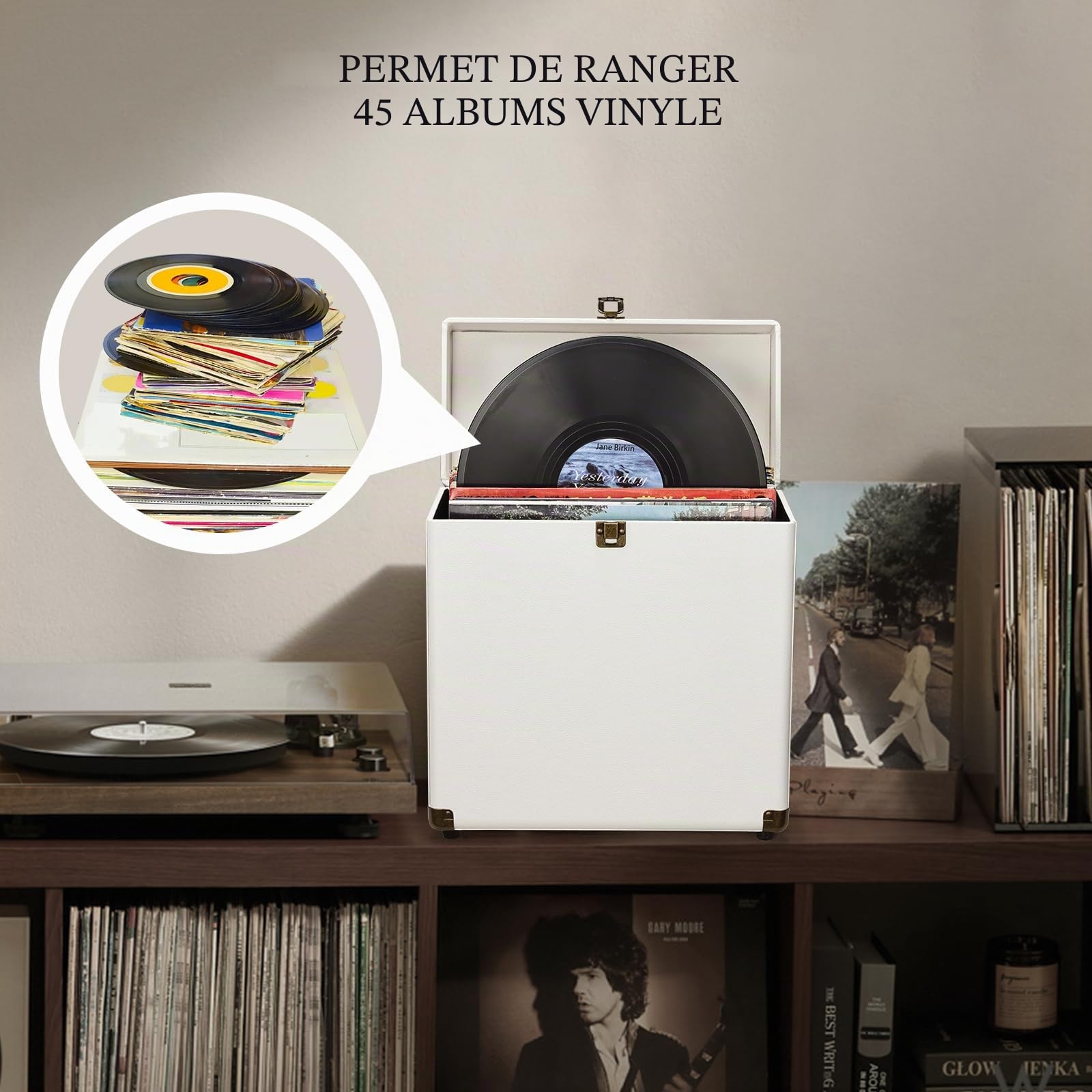 Coffre pour Vinyls de Rangement et Transport avec Serrure - Capacité 45 Disques - Malletín de Protection pour Collection, Blanc