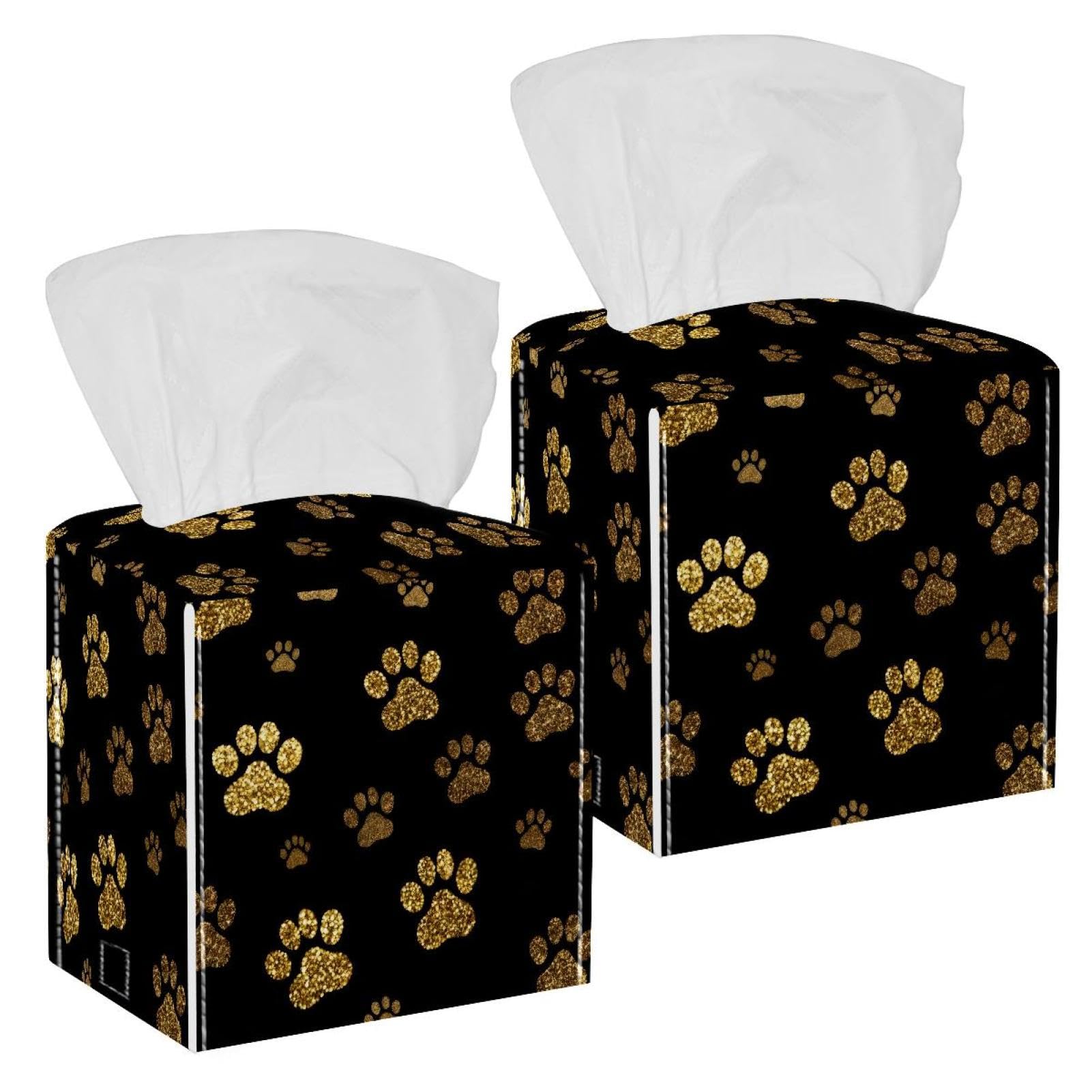 Dogs Paws Tissue Box Cover, 2 Pack PU Leather Square Facial Tissue Dispenser Box holder for Home Office Car