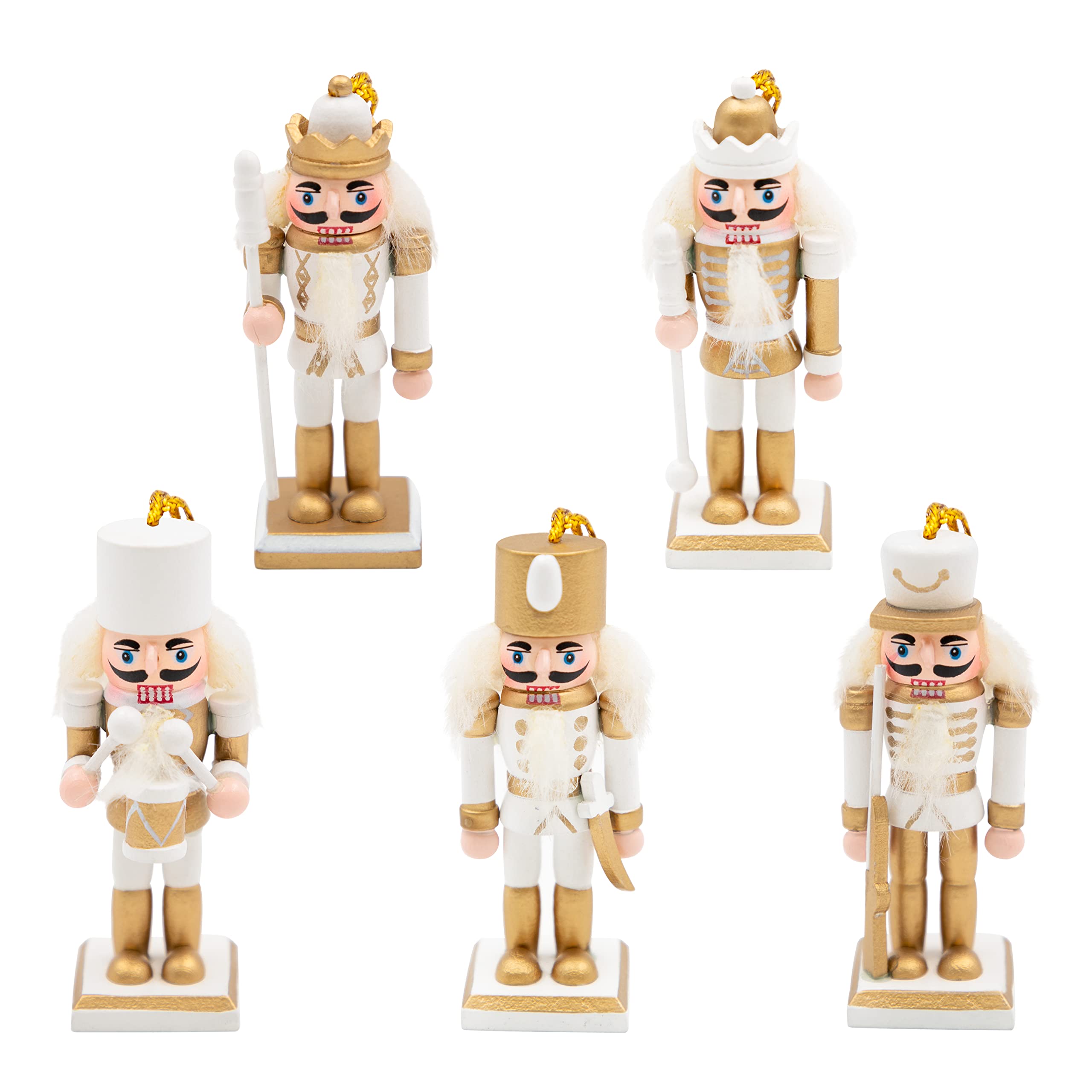 The Christmas Workshop 5PK Wooden Nutcrackers/Hanging Christmas Tree Decorations/Festive Ornaments (Gold and White)