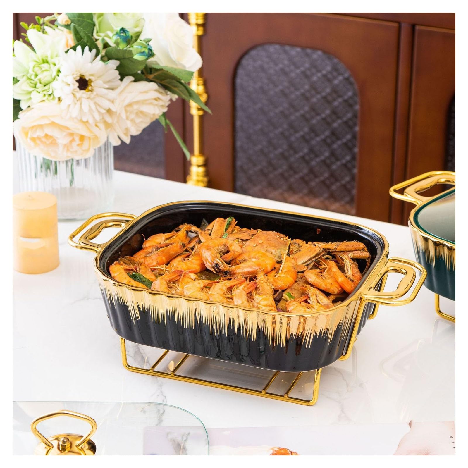 Juego de platos de cerámica, calentador de alimentos con tapa, recipiente extraíble para catering, ideal para servir platos calientes en bodas y fiestas