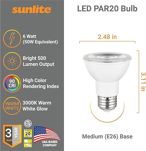 Miniatura 2 de Sunlite 41619 Bombilla LED PAR20 de cuello largo, 6 W (ecualizador halógeno de 50 W), 500 lúmenes, haz de inundación de 35, base E26 media, CRI 90,