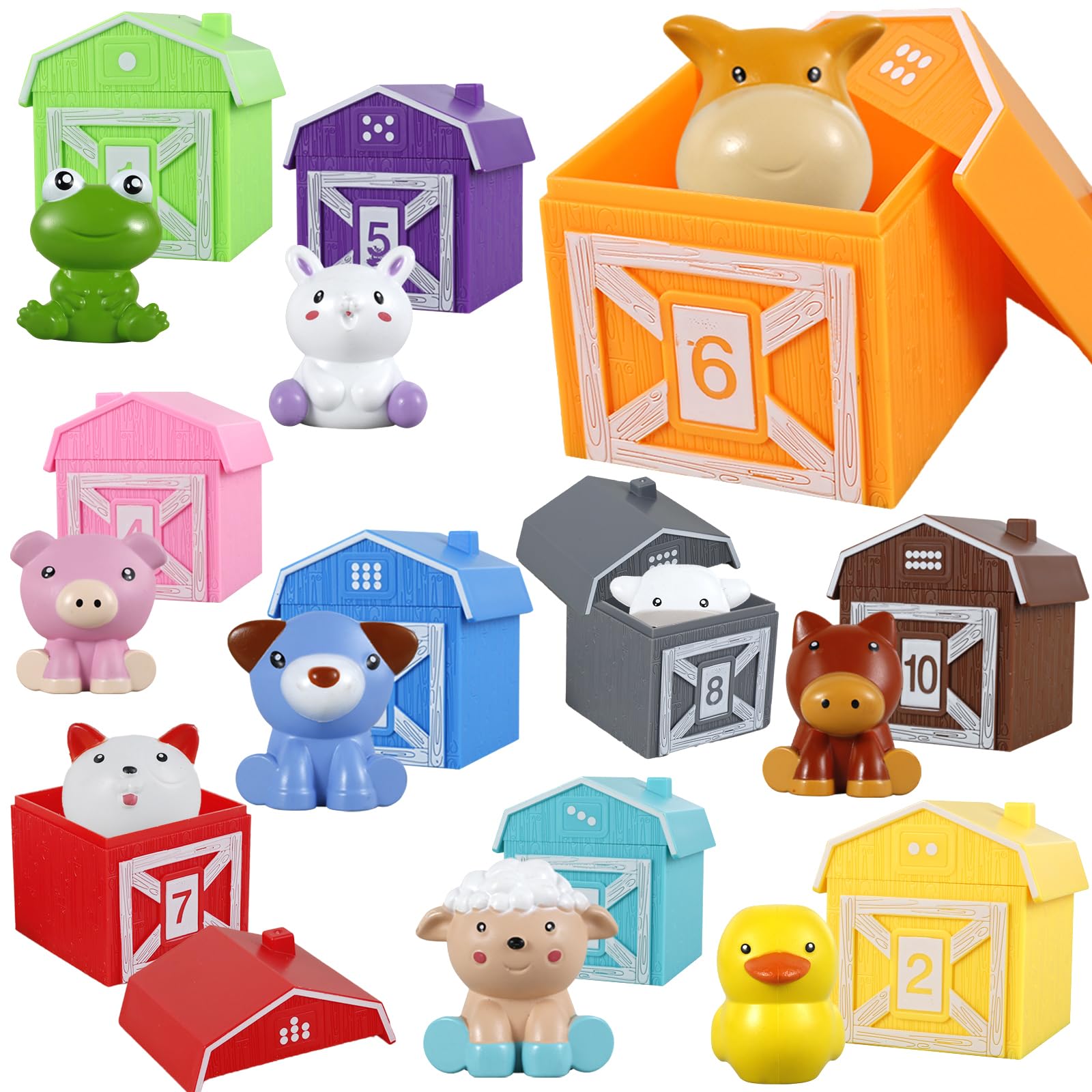 Farm Animals Counting Toys for 1-3 Year Olds - 10Pcs Montessori Learning Number Color Matching Sorting Finger Puppets - Educational Fine Motor Skills Toys for Kids Gifts