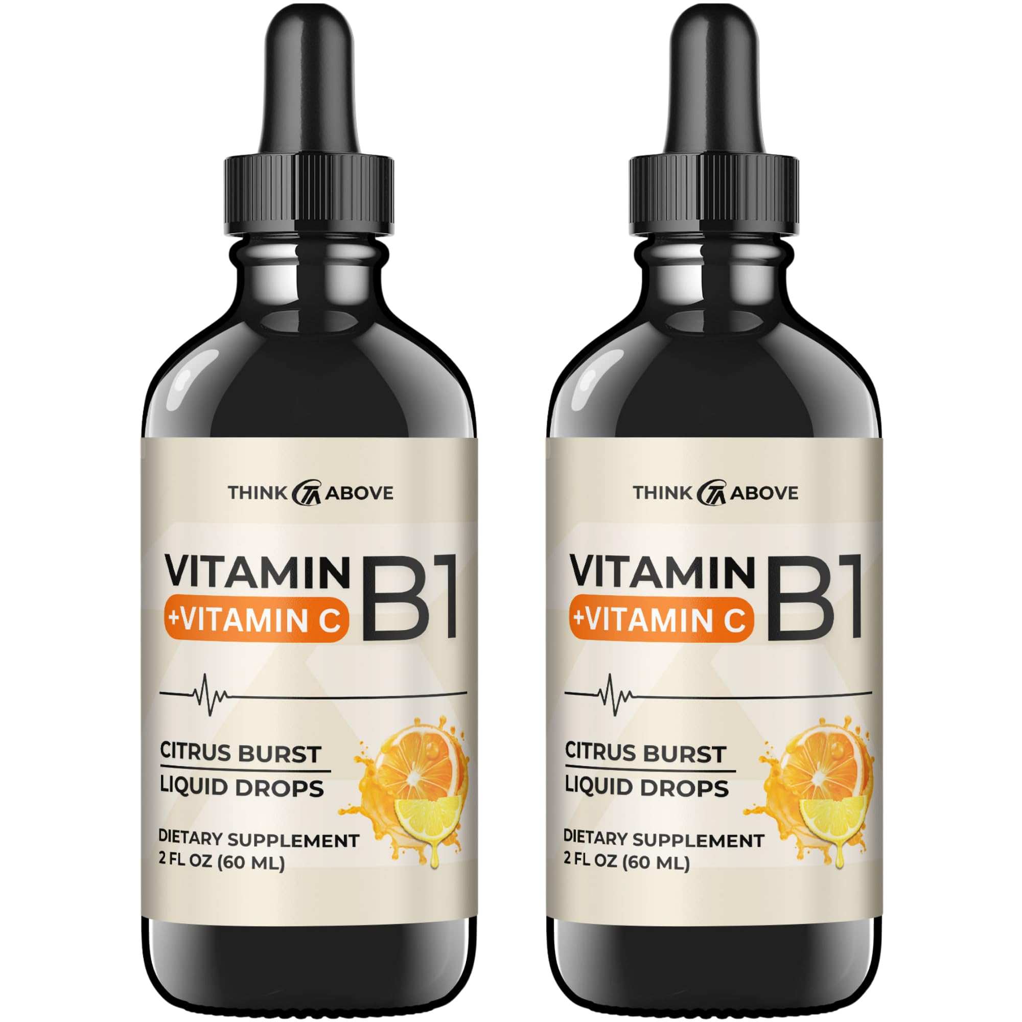 Think Above Vitamin B1 + Vitamin C Liquid Drops - Energy & Immune Support Supplement - 2 fl oz (60 ml) Pack of 2 - Fast Absorption, Easy-to-Use