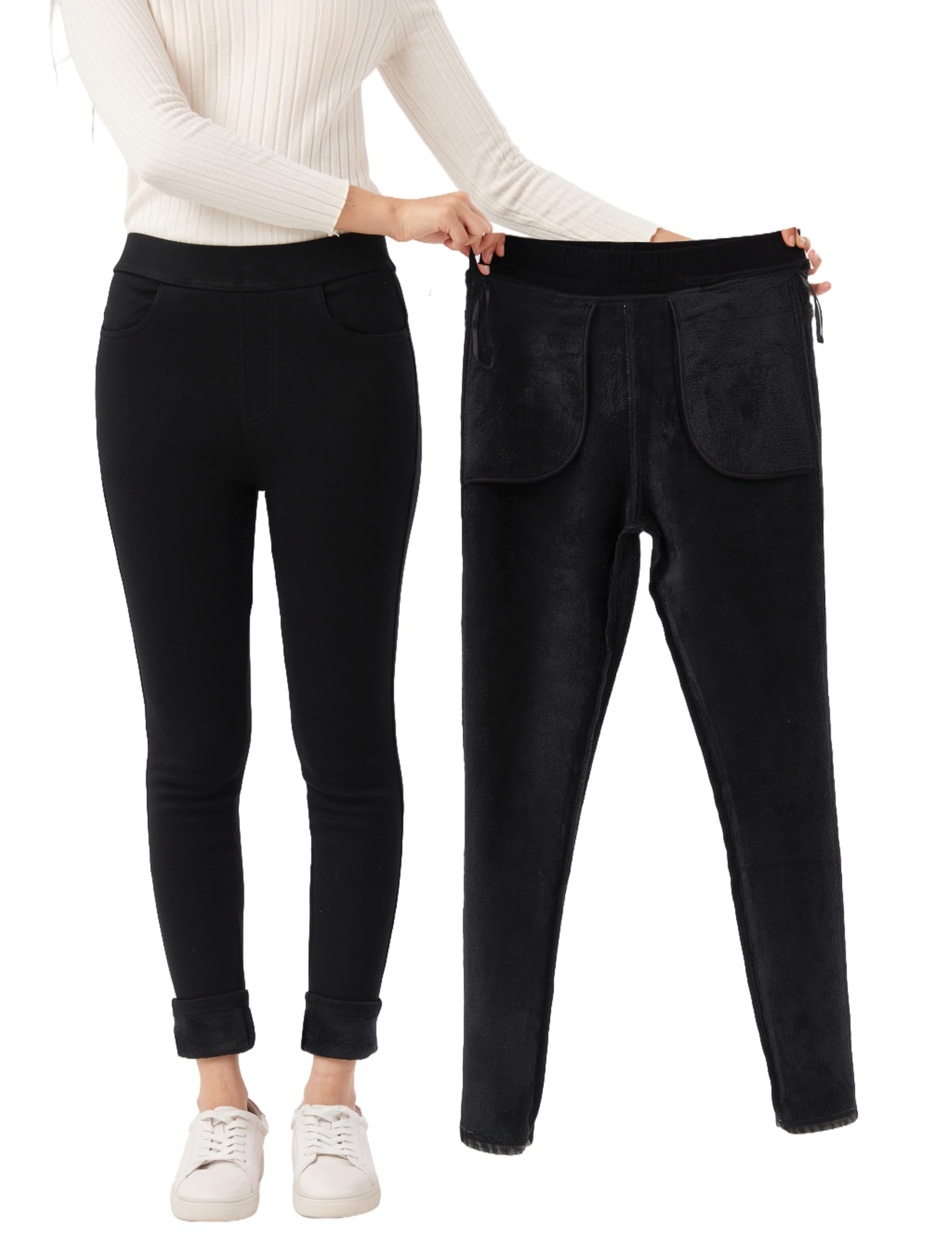 Womens Winter Fleece Lined Dress Pants Thermal Casual High Waist Pull on Elastic Waist Skinny Trouser