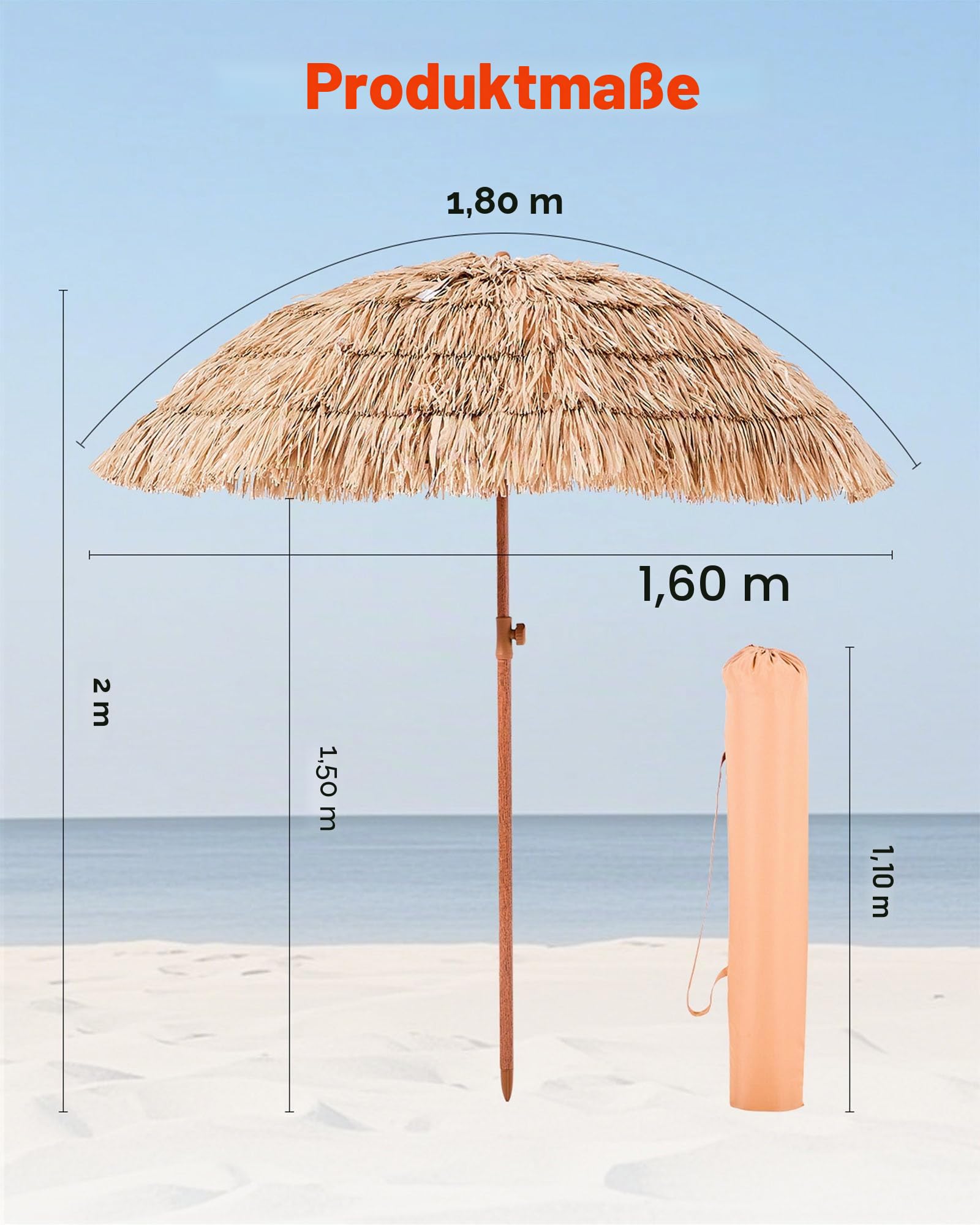 VEVOR Strohschirm Hawaii, 2 m Strohschirm neigbar, Strandschirm mit PP-Stroh & 8 Metallstreben, Gartenschirm, Marktschirm, Terrassenschirm für Strand, Terrasse, Poolrand, Hinterhof & Garten
