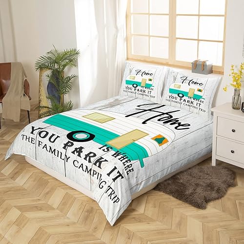 Miniatura 3 de Funda de edredón Happy Camping Queen para niños y niños, juego de ropa de cama con 2 fundas de almohada, funda de edredón rústica de 3 piezas, suave