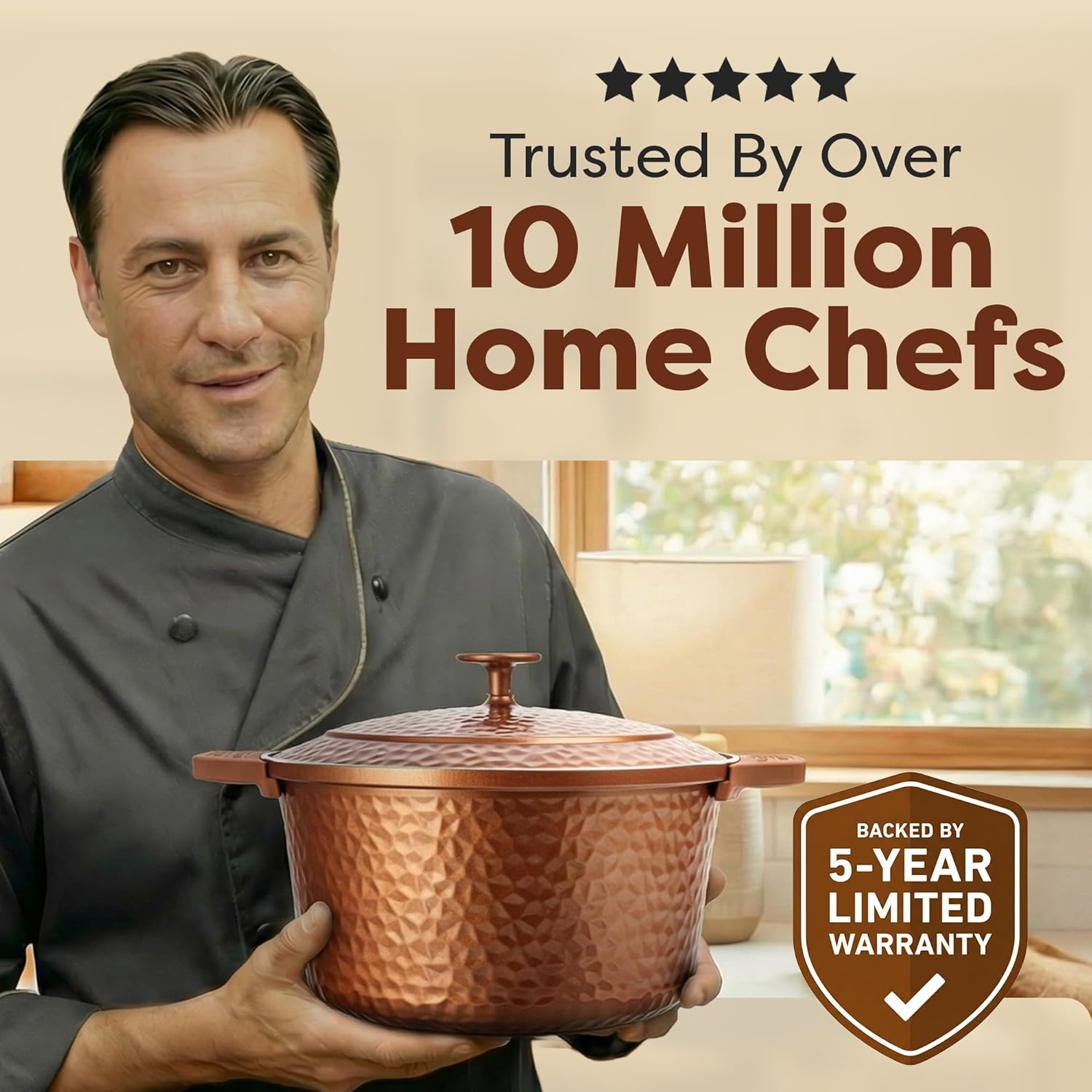 Gotham Steel Hammered 5 Qt Lightweight Dutch Oven Pot with Lid & Holders, Ceramic Non Toxic, Oven Safe & Even Heat Retaining Dutch Oven for Bread Baking Sourdough, Soup, 70% Lighter than Cast Iron