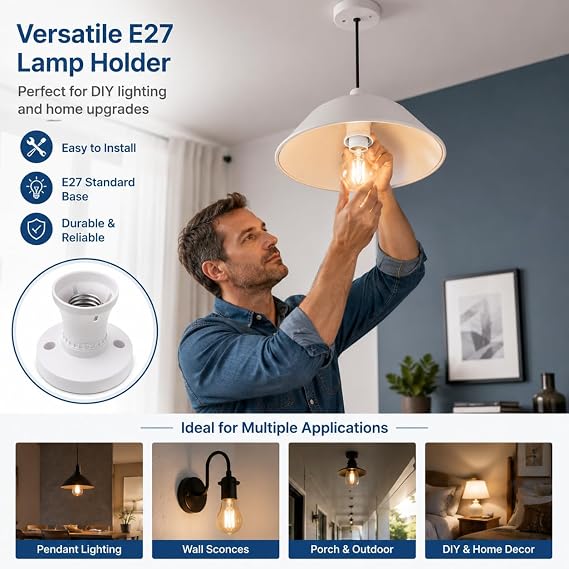 E27 Lamp Holder, Single Socket for Home and Office Lighting, Edison Screw Base Replacement, Ceiling and Wall Light Fixture, One Piece Lamp Socket with Standard E27 Fitting [Energy Class A]