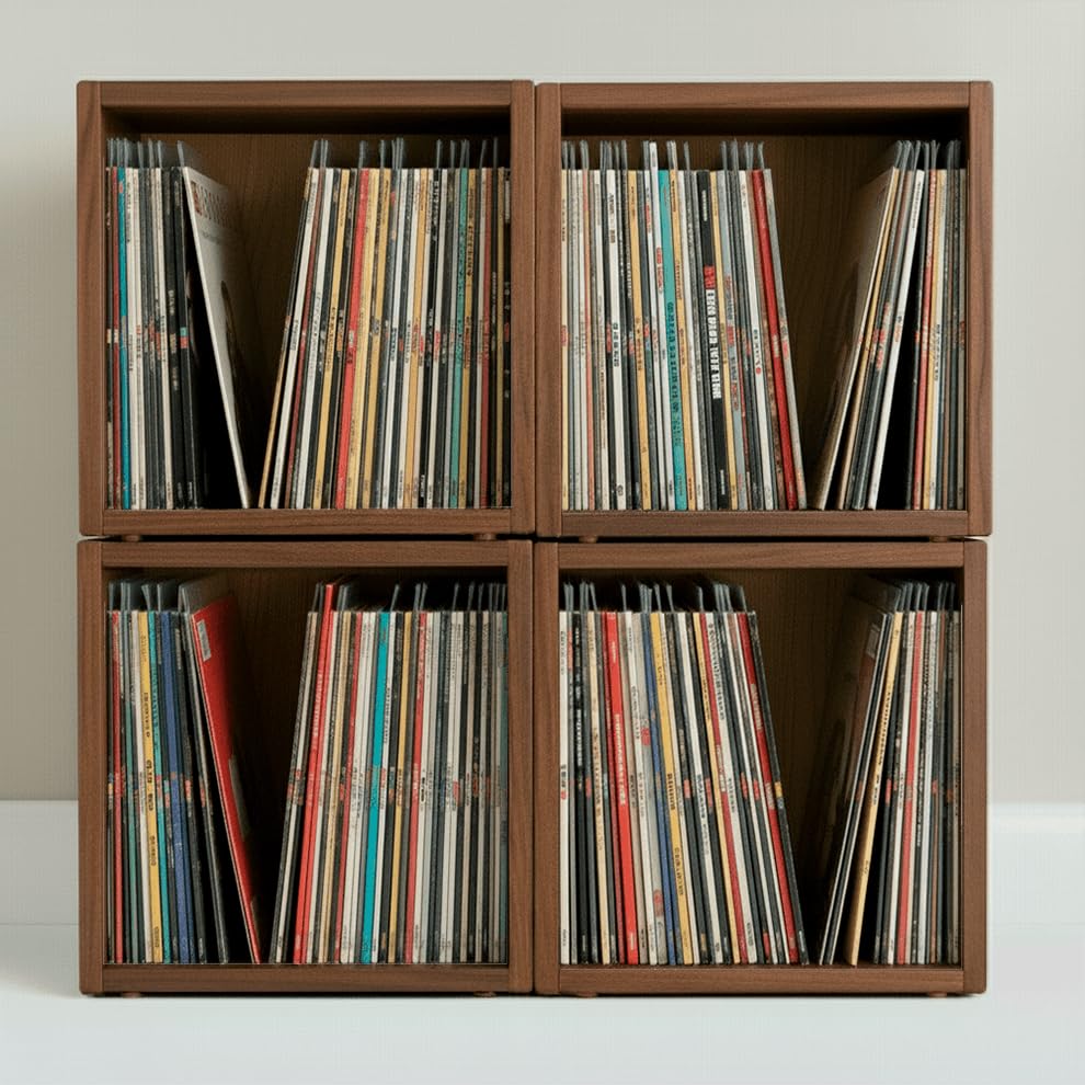 Scatola impilabile per dischi in vinile | Conservazione per vinili +200 LP | Mobile in legno massello noce | Organizzatore modulare per LP