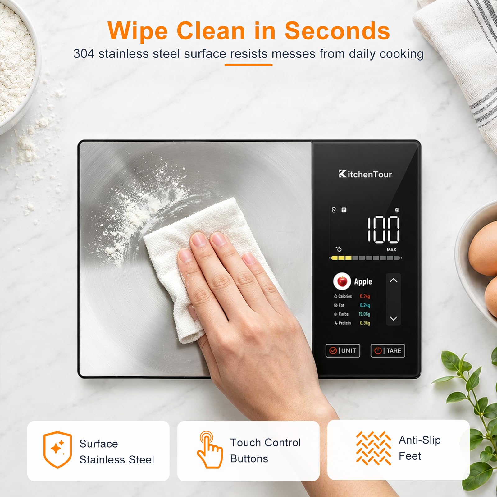 KitchenTour - Báscula inteligente de alimentos con calculadora nutricional, aplicación Bluetooth para seguimiento de calorías y macros, 24 nutrientes, báscula de cocina de acero inoxidable de 11