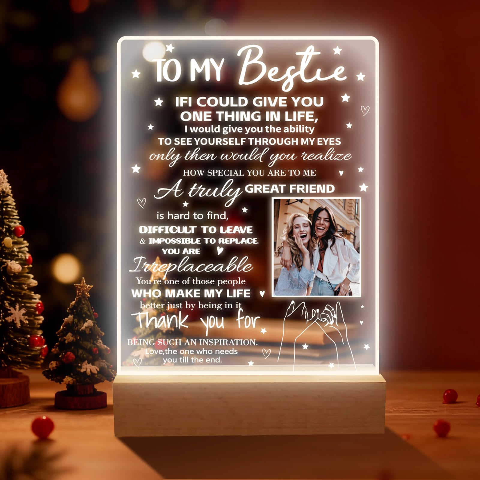 Personalized to My Bestie Gifts I Love You Friends Custom Night Light for Best Friend Sister Girls Women BFF with Photo LED Wooden Table Lamp Birthday Gift