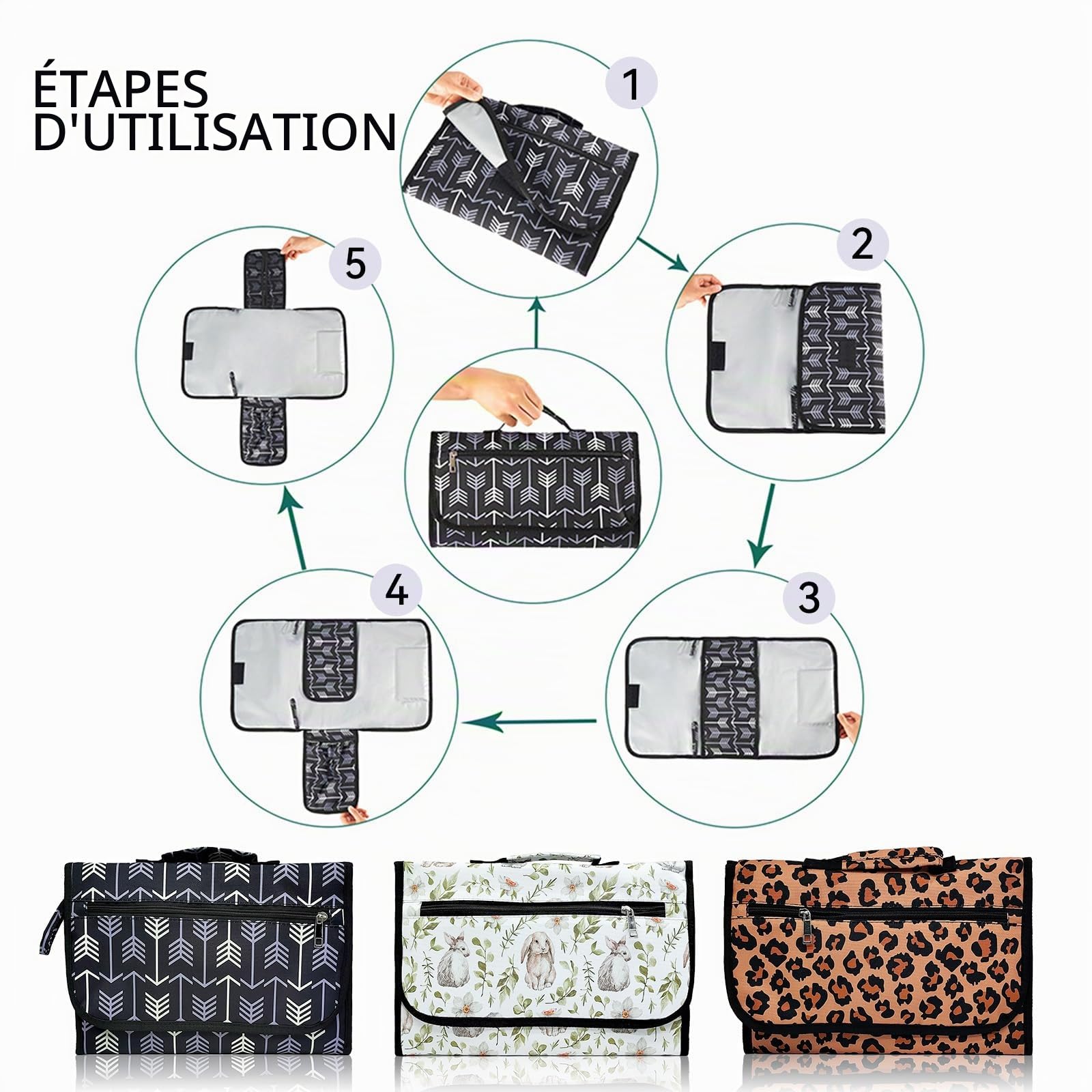 Matelas à langer portable, pour les déplacements, compact, sac à langer amovible, pour bébé en voyage, motif léopard